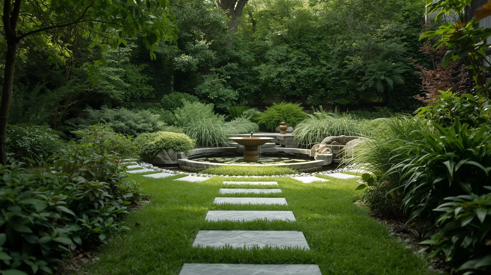 A wide, tranquil shot of a residential garden showing layered greenery, stone paths, and water features..jpg