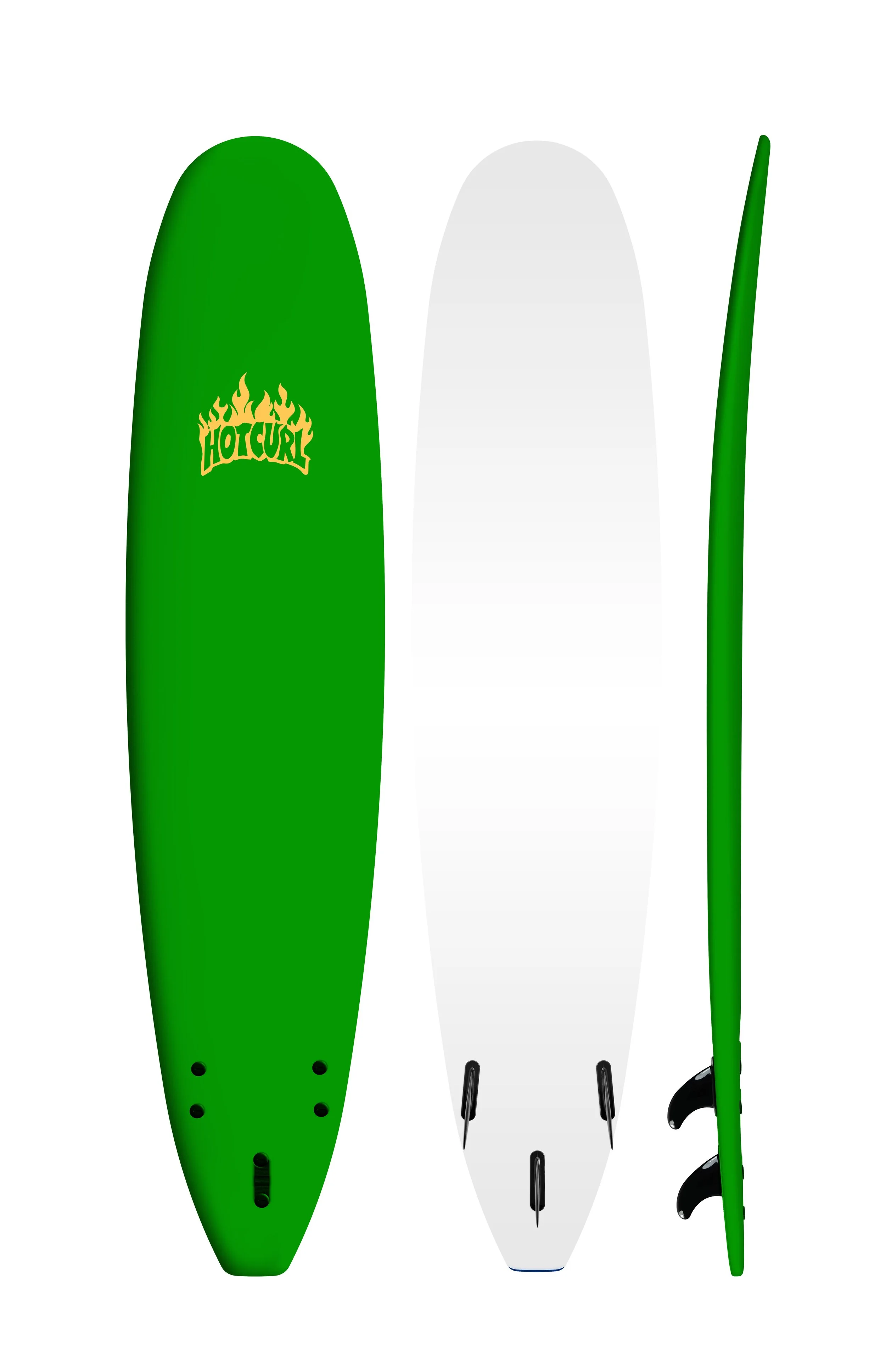 Three orange surfboards, two standing upright and one lying on its side, with black fins and a white logo reading "for GirL".