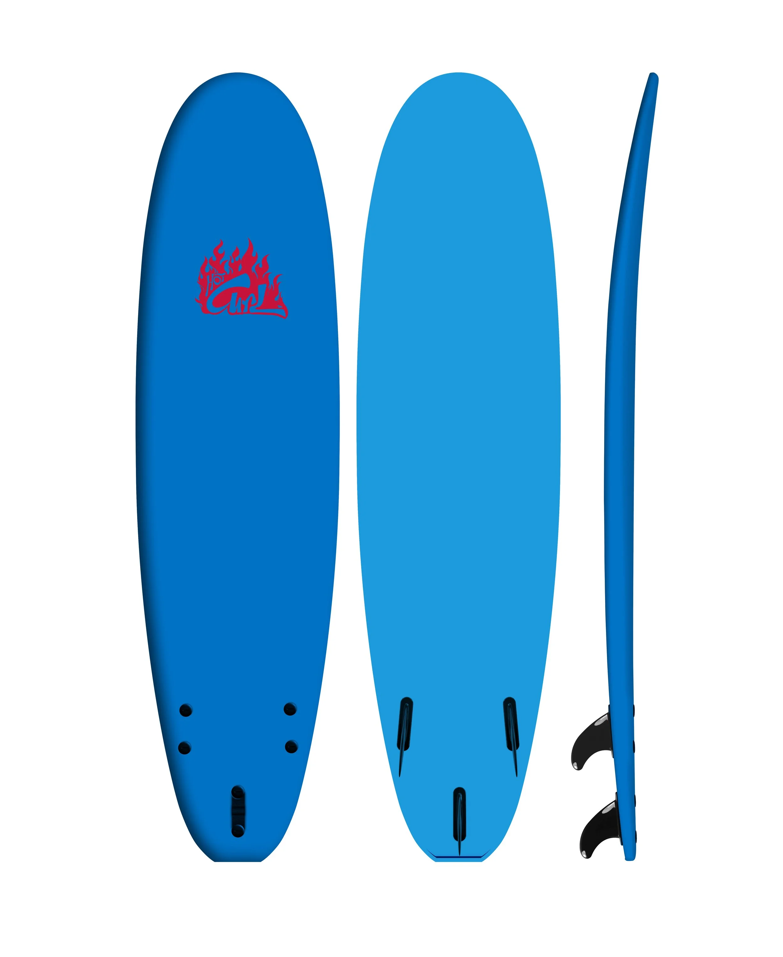 A blue and turquoise surfboard with a fin and a logo reading 'Hot Curl' in white, shown from front and side views.