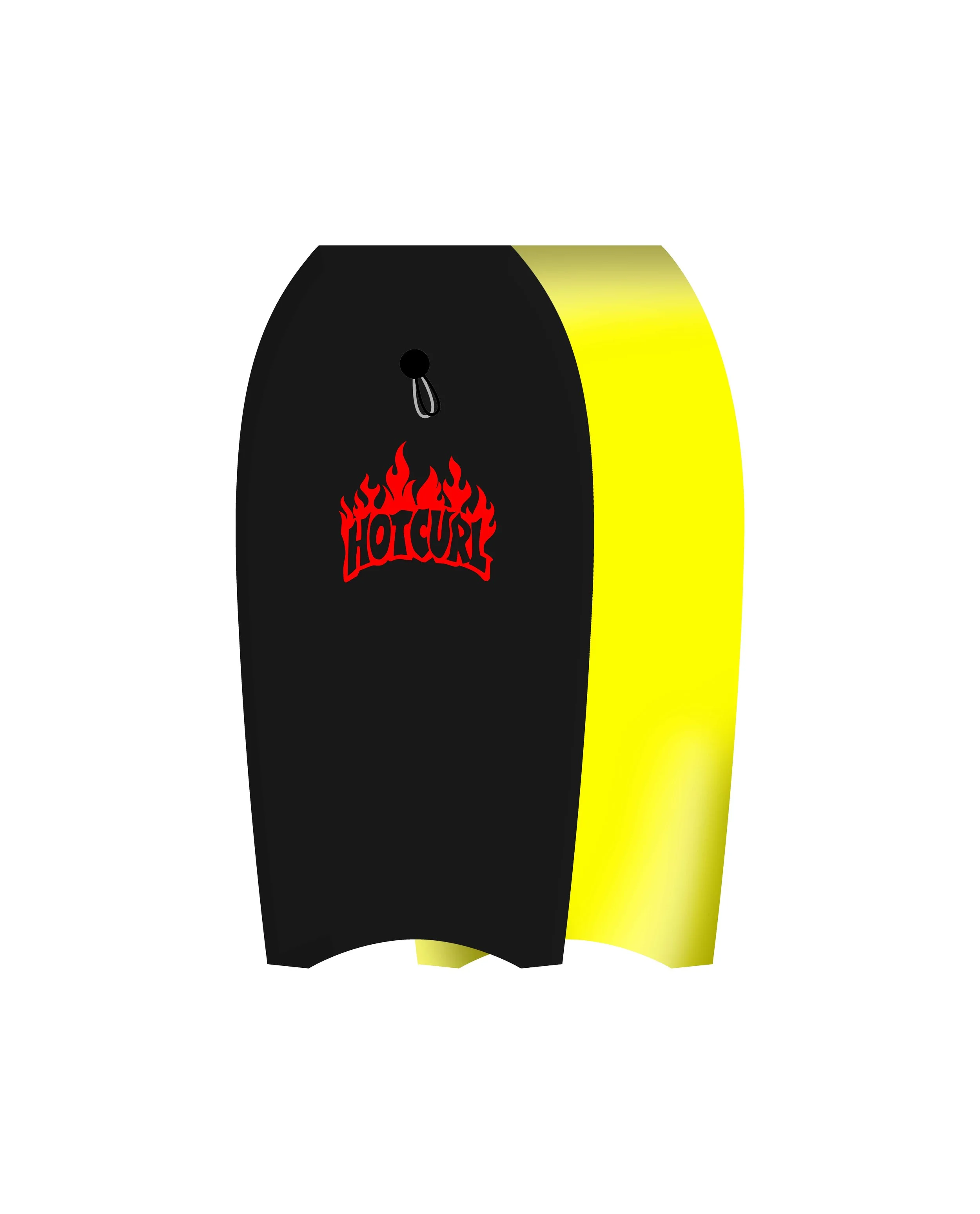 A colorful surfboard with green and orange sections, featuring a white logo with flames and the words 'Hot Gurl'.