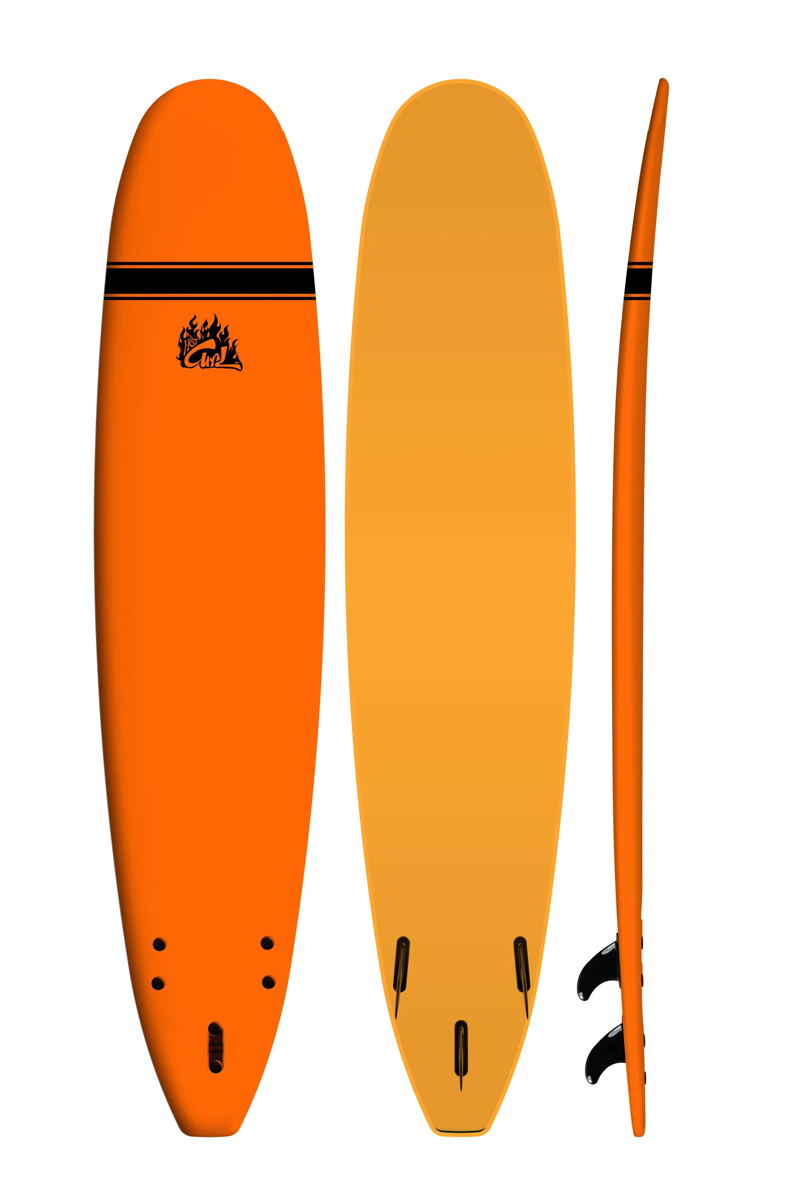 A blue and green stand-up paddleboard with the logo "Hot Girl" on the top, side and bottom views showing the shape, fin, and deck.