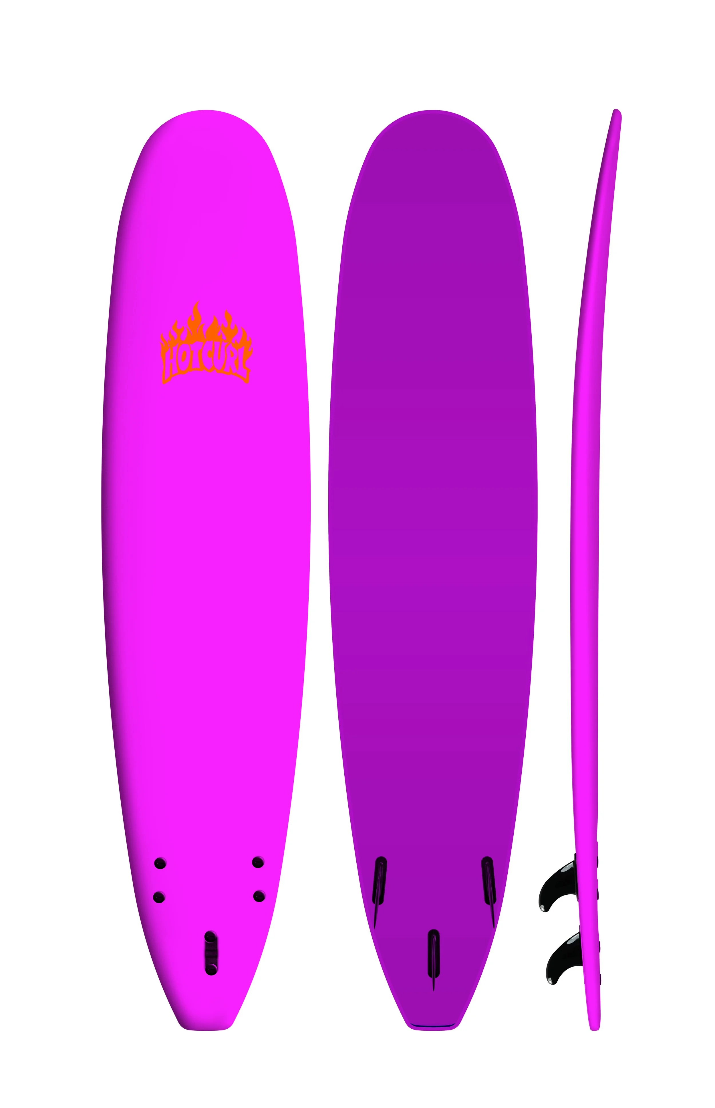 Three orange surfboards, two standing upright and one lying on its side, with black fins and a white logo reading "for GirL".