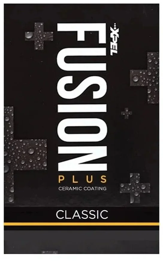 Packaging for Fusion Tech Plus ceramic coating, labeled as 'Classic,' with a black background and water droplets on gray crosses.