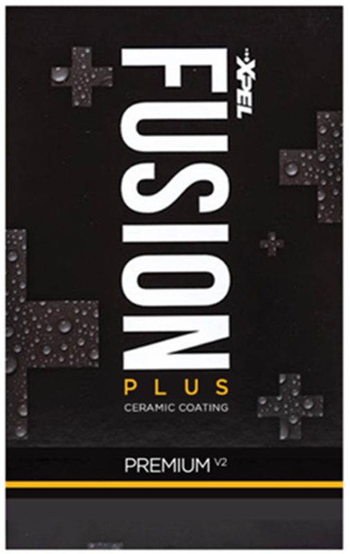 Packaging for Fusion Tec Plus ceramic coating, with water droplets on black background and images of water droplets on cross shapes.