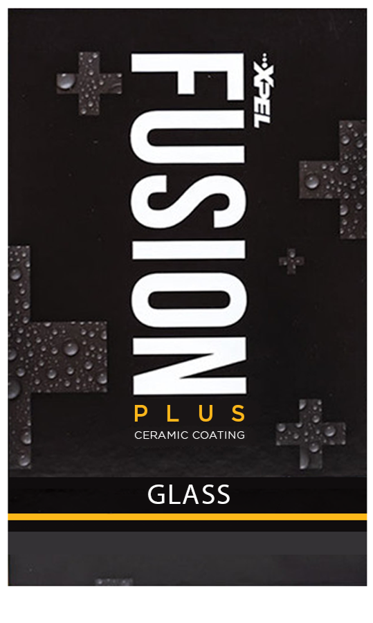 Packaging for Fusion Plus ceramic coating, with a black background, silver cross patterns with water droplets, and white text indicating the product name and type of glass.