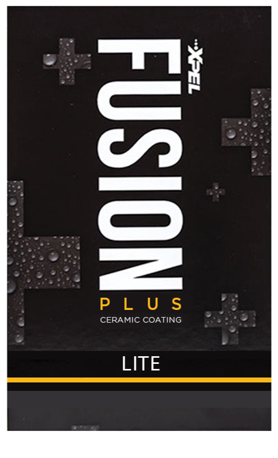 Close-up of a label for Fusion Tech Plus ceramic coated light bulbs, featuring water droplets and a black background with cross symbols.