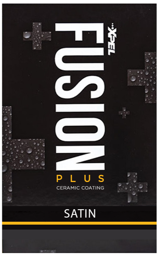 Packaging of Fusion Plus ceramic coating with satin finish, black background, with water droplets and plus signs design.