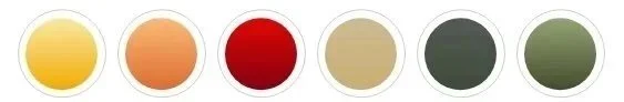 Six circular color swatches in yellow, orange, red, beige, dark green, and olive green.