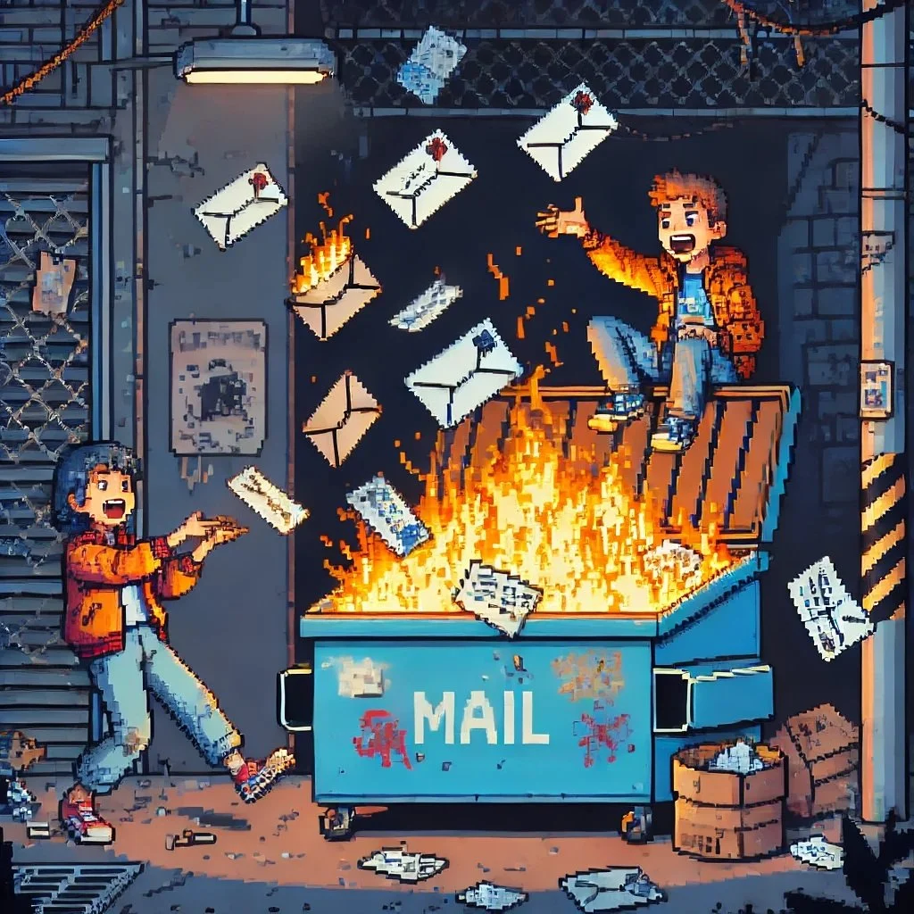 Pixel art scene of two people in an alley burning envelopes in a large blue dumpster labeled 'MAIL' with flames and flying letters, creating a chaotic atmosphere.