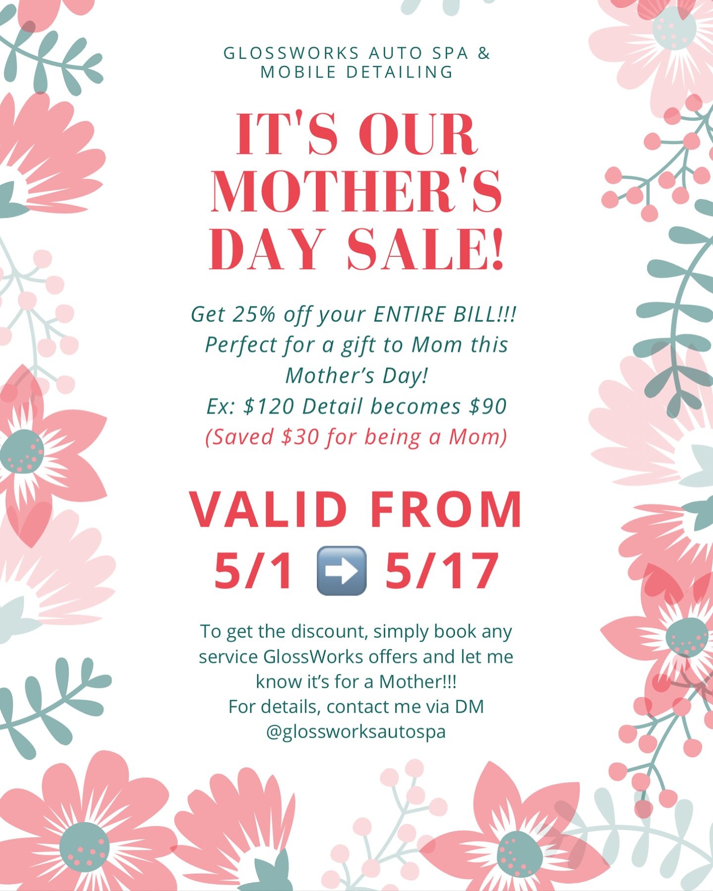 You already know moms deserve the best — so why not surprise her with a clean ride she didn’t have to lift a finger for?
From May 1st–May 17th, I’m giving 25% off any service just for Mom. Yup — that means your $120 det