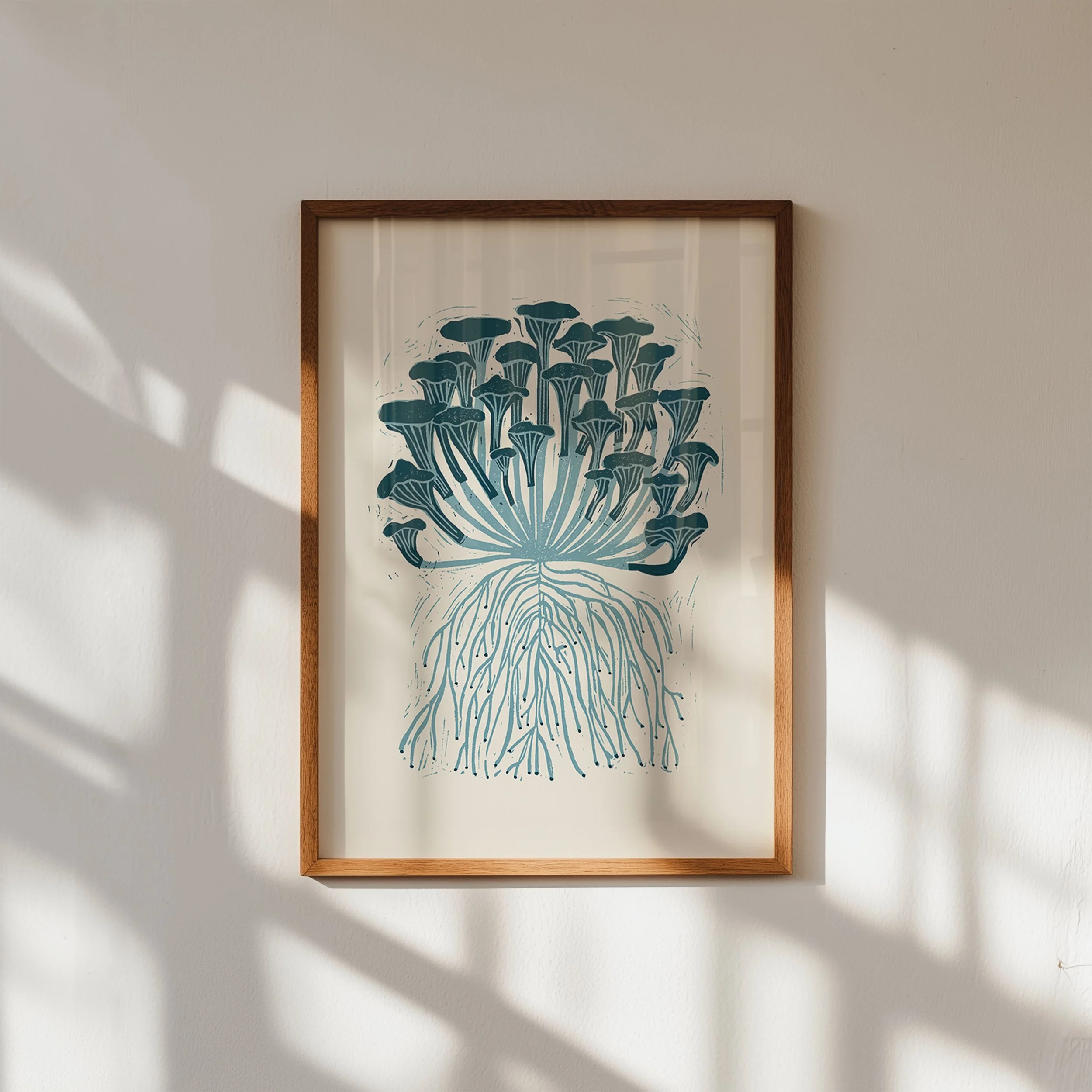 Mushroom Blue in Brown Frame on White Wall.jpg