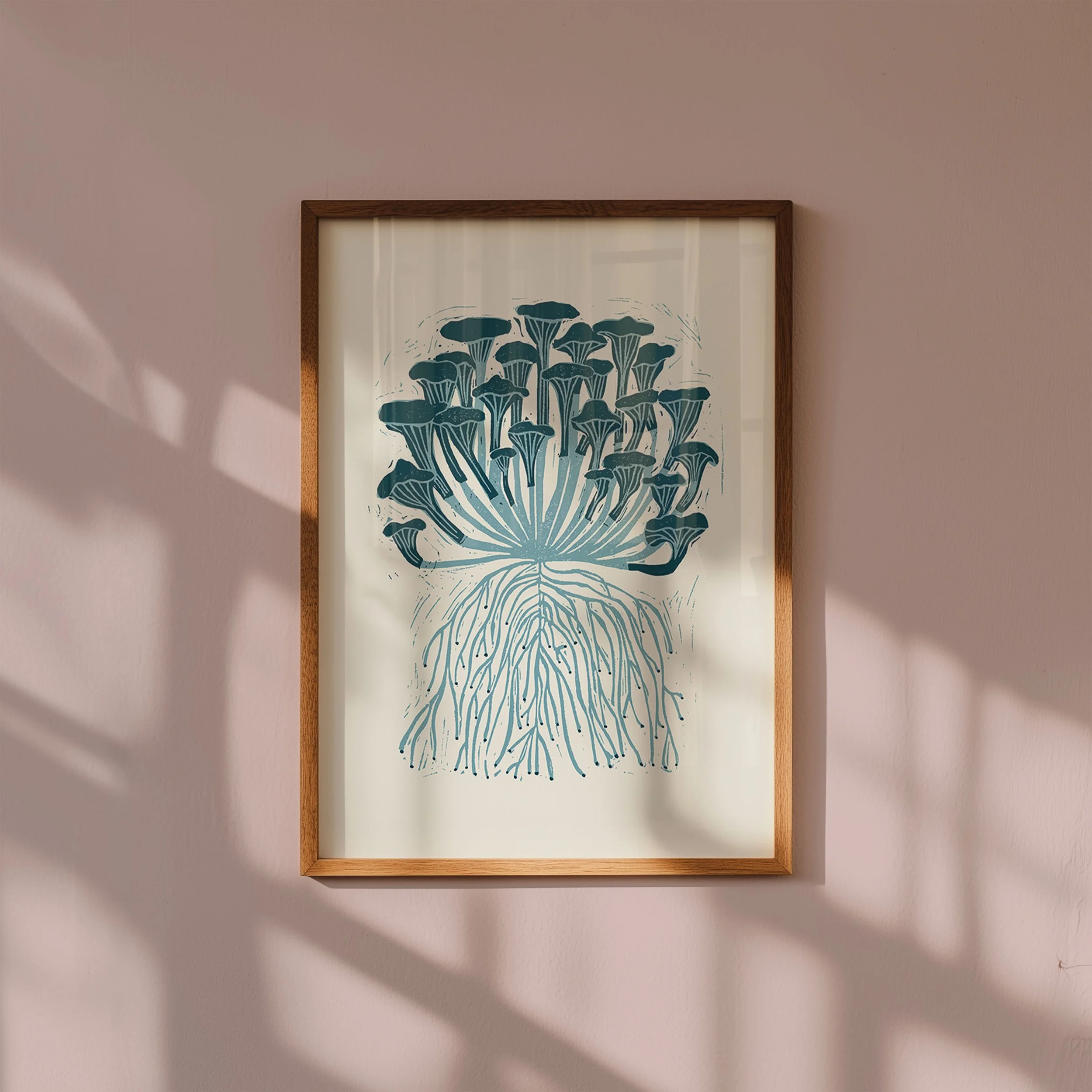Mushrooms Blue in Brown Frame on Pink Wall.jpg