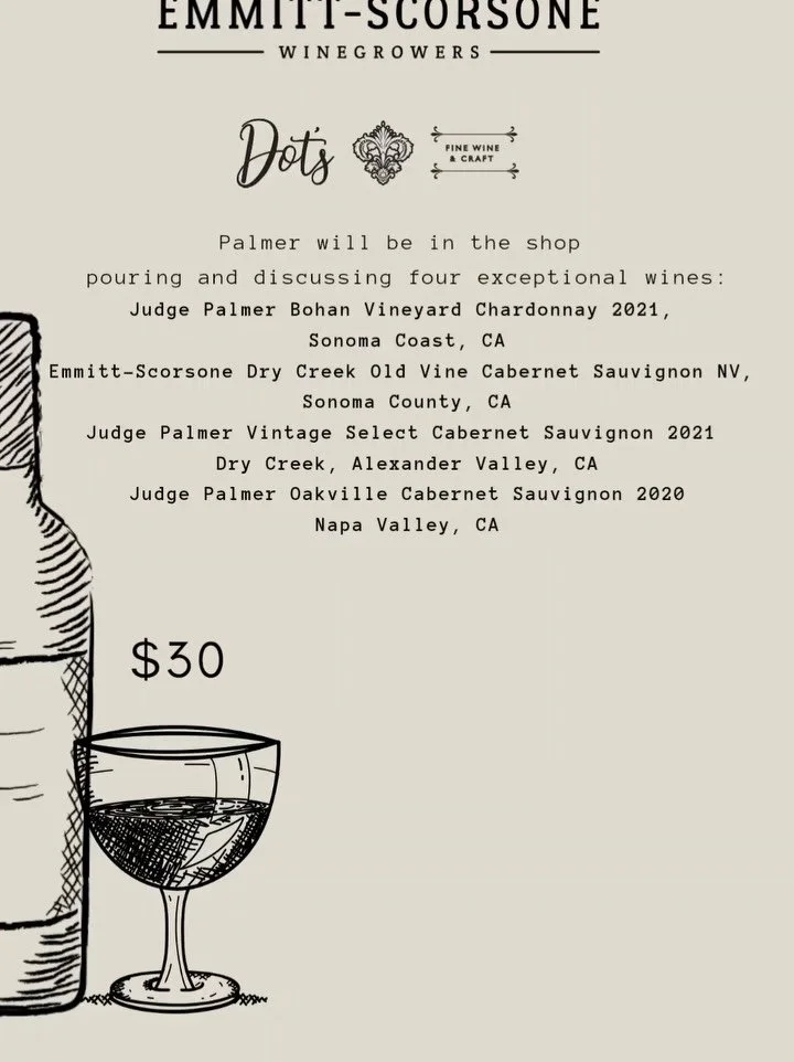 We welcome Palmer Emmitt from #emmittscorsonewines and #judgepalmerwine to the shop tonight from 5:30-7:30 only! He&rsquo;ll taste and discuss SIX wines, and current wine club members will receive 15% off their Emmitt-Scorsone and Judge Palmer wines 