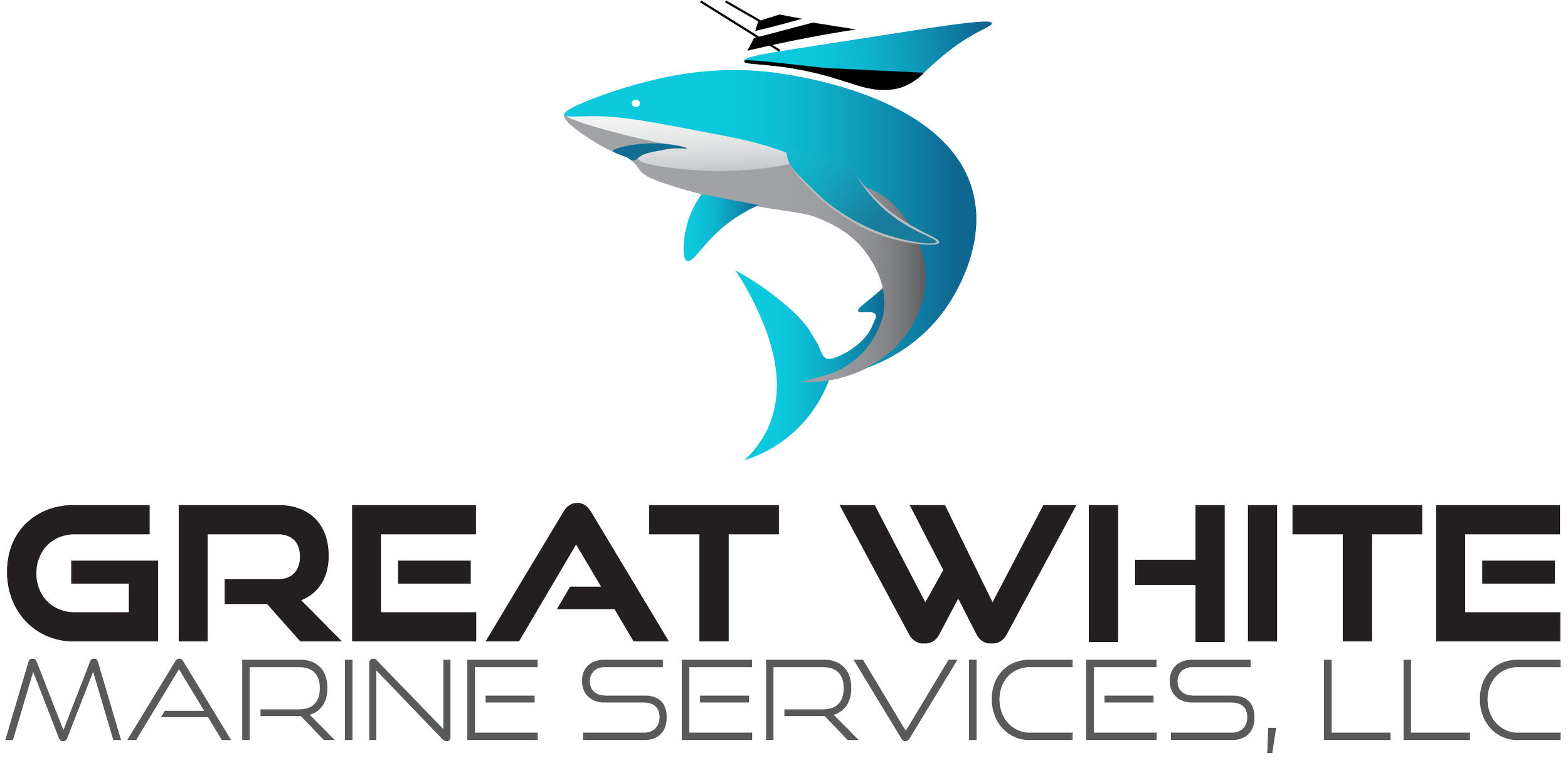 Logo of Great White Marine Services, LLC featuring a stylized illustration of a great white shark jumping out of the water with blue, white, and gray colors.