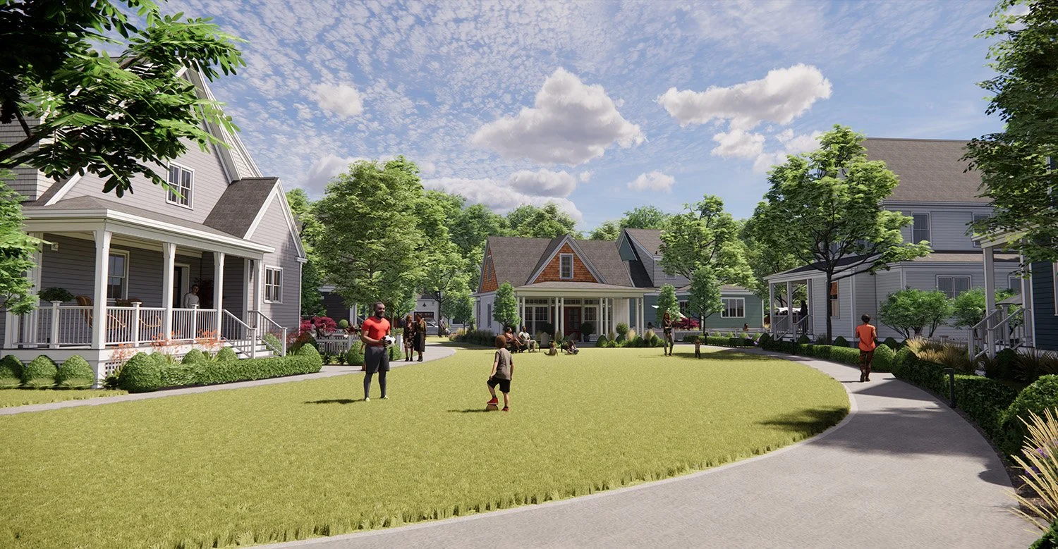 Suburban neighborhood with houses, trees, grassy area, and people walking on a path under a blue sky with clouds.