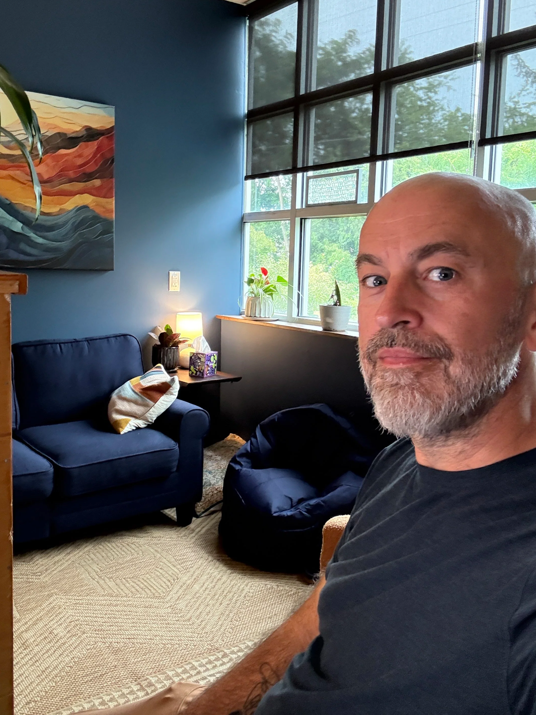A man with a beard and bald head taking a selfie in a cozy living room with blue walls, large windows, a blue armchair with a pillow, a side table with plants and a lamp, and a colorful abstract painting on the wall.