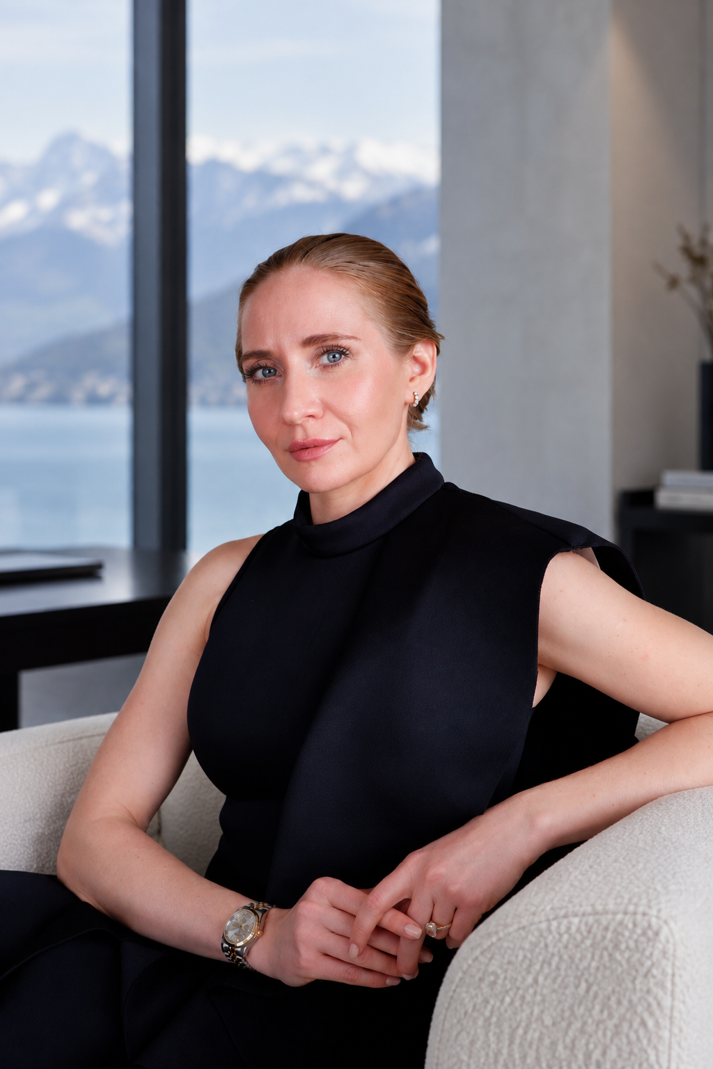 A woman with short reddish hair and blue eyes sitting on a beige sofa in front of a large window overlooking snow-capped mountains and a lake, dressed in a black sleeveless top.