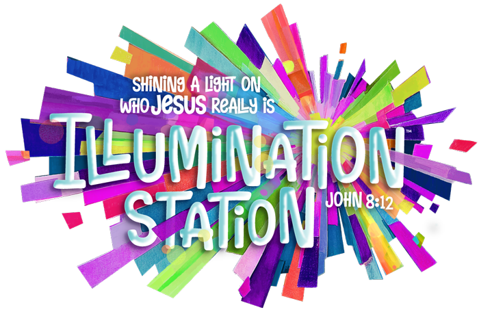 Colorful graphic design with the words 'Shining a light on who Jesus really is: Illumination Station' and a Bible verse reference John 8:12, featuring vibrant, radiating lines and 3D text.