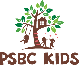 Logo of PSBC Kids featuring a large tree with green leaves and a house at its center, children playing around, and the text 'PSBC Kids' at the bottom.