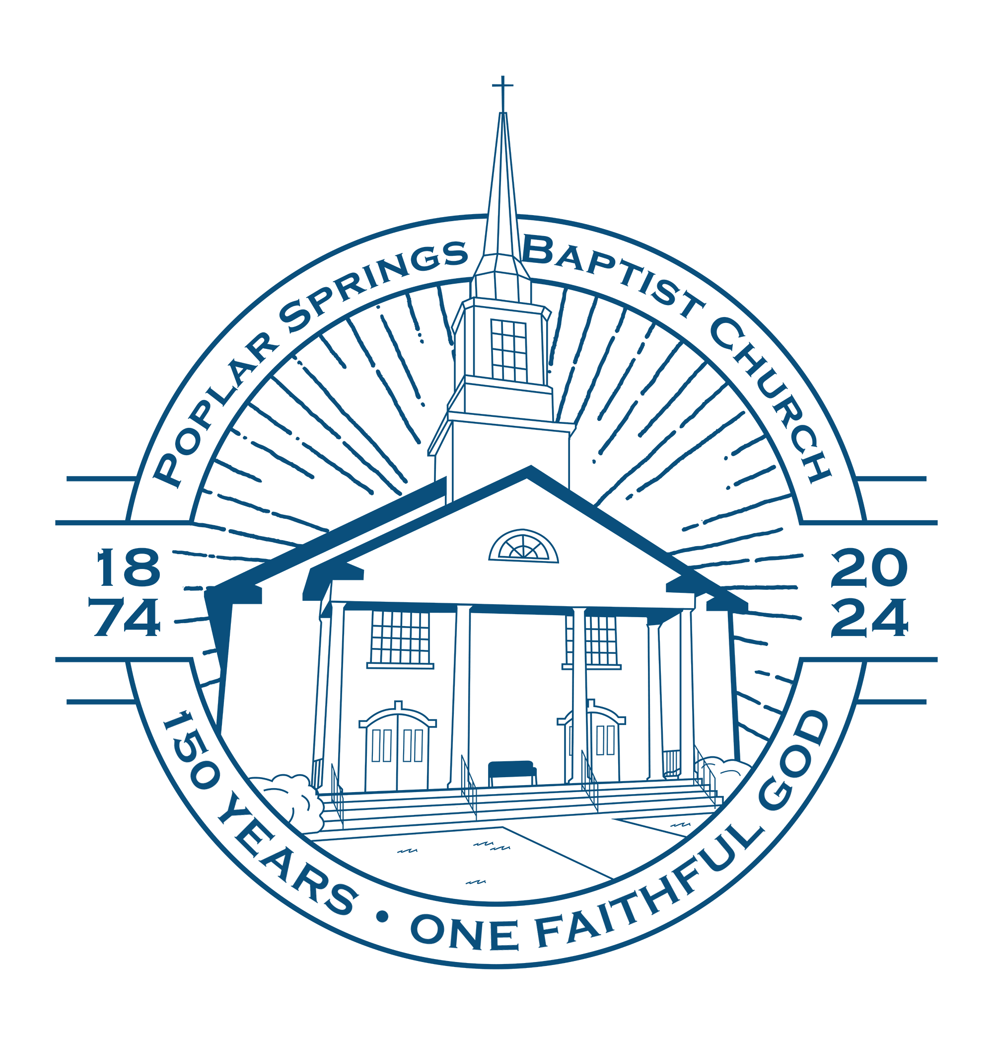 Line art logo of Poplar Springs Baptist Church, featuring a church building with a steeple, text around the circle indicating the church's name, founding year 1874, and 150th anniversary celebration in 2024, with the slogan one faithful, good.