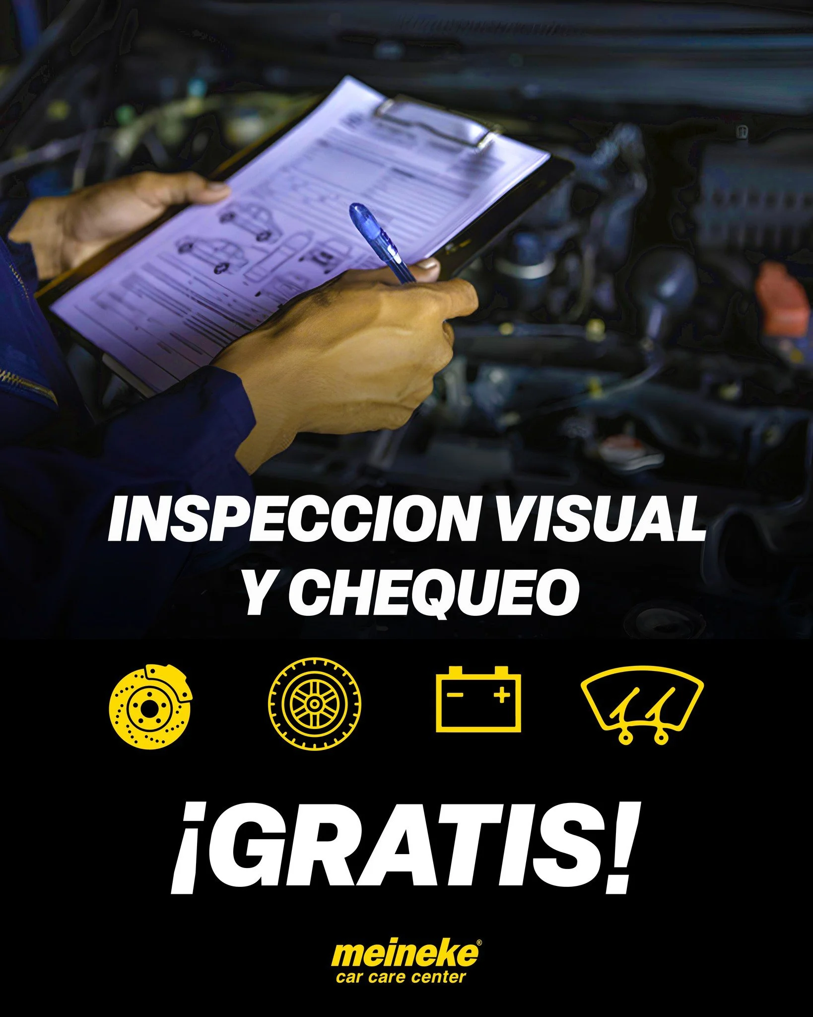&iquest;Preocupado por tu auto? 🧐 &iexcl;En Meineke PR te damos tranquilidad!
Ven y recibe una Inspecci&oacute;n Visual y Chequeo COMPLETO de componentes clave como frenos, gomas, bater&iacute;a y limpiaparabrisas.
&iexcl;Lo mejor de todo es que es 