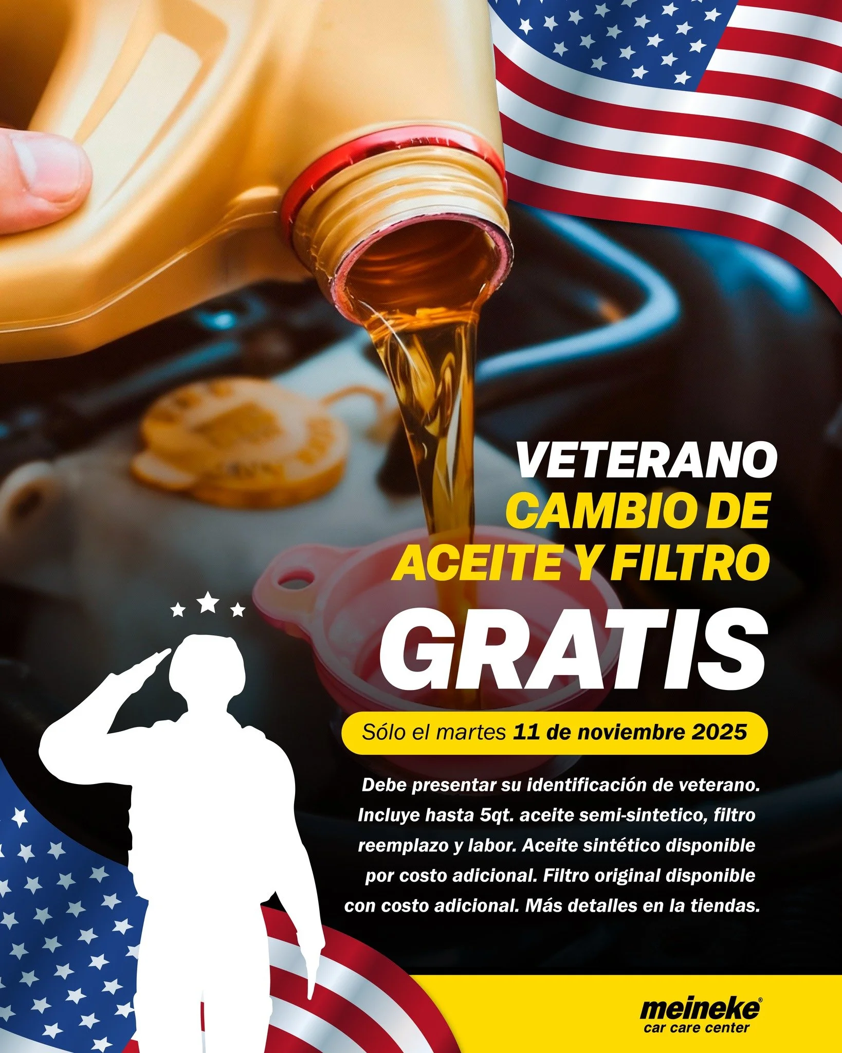 🎖️ &iexcl;Gracias a nuestros h&eacute;roes! 🎖️
Este martes, 11 de noviembre de 2025, los Veteranos reciben un Cambio de Aceite y Filtro Regular &iexcl;GRATIS! 🙌 (Solo presenta tu identificaci&oacute;n de veterano.)

💰 Valor del servicio: $39.99
?