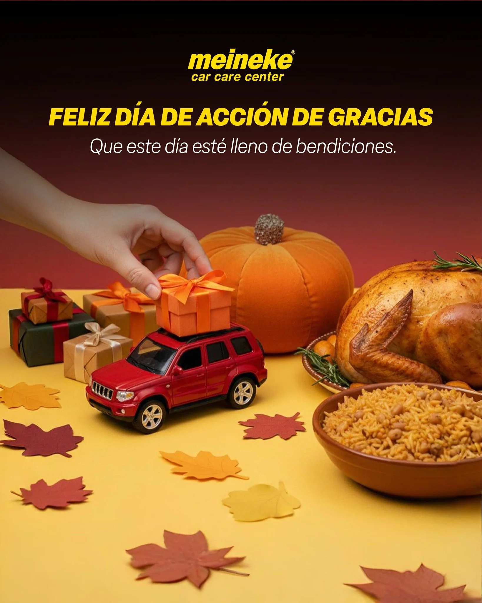 &iexcl;Feliz D&iacute;a de Acci&oacute;n de Gracias de parte de la familia Meineke! 🦃 En este d&iacute;a, para agradecer, celebramos contigo las bendiciones que nos llenan el coraz&oacute;n. &iexcl;Que tengas un d&iacute;a lleno de alegr&iacute;a, b