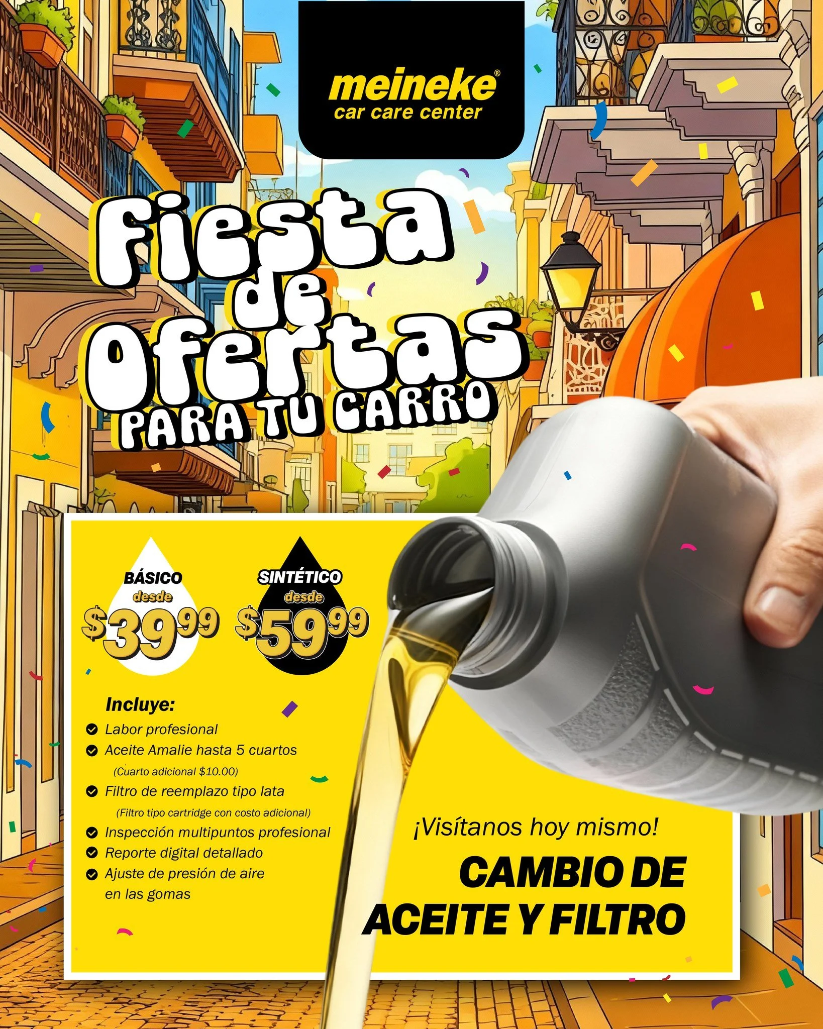 🔧🚗 CAMBIO DE ACEITE Y FILTRO &ndash; OFERTA ESPECIAL 🚗🔧
💥 Desde $39.99 el b&aacute;sico
 💥 Desde $59.99 el sint&eacute;tico
Incluye:
 ✔️ Labor profesional
 ✔️ Aceite Amalie hasta 5 cuartos
 (Cuarto adicional $10.00)
 ✔️ Filtro de reemplazo tipo