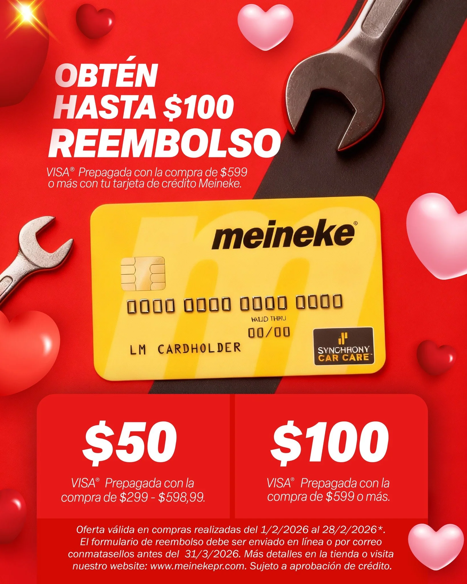 💳❤️ Dale amor a tu carro&hellip; y recibe dinero de vuelta m&aacute;s 6 o hasta 12 meses sin intereses.
Haz la reparaci&oacute;n y/o el mantenimiento que tu veh&iacute;culo necesita y obt&eacute;n hasta $100 de reembolso en una tarjeta VISA&reg; pre
