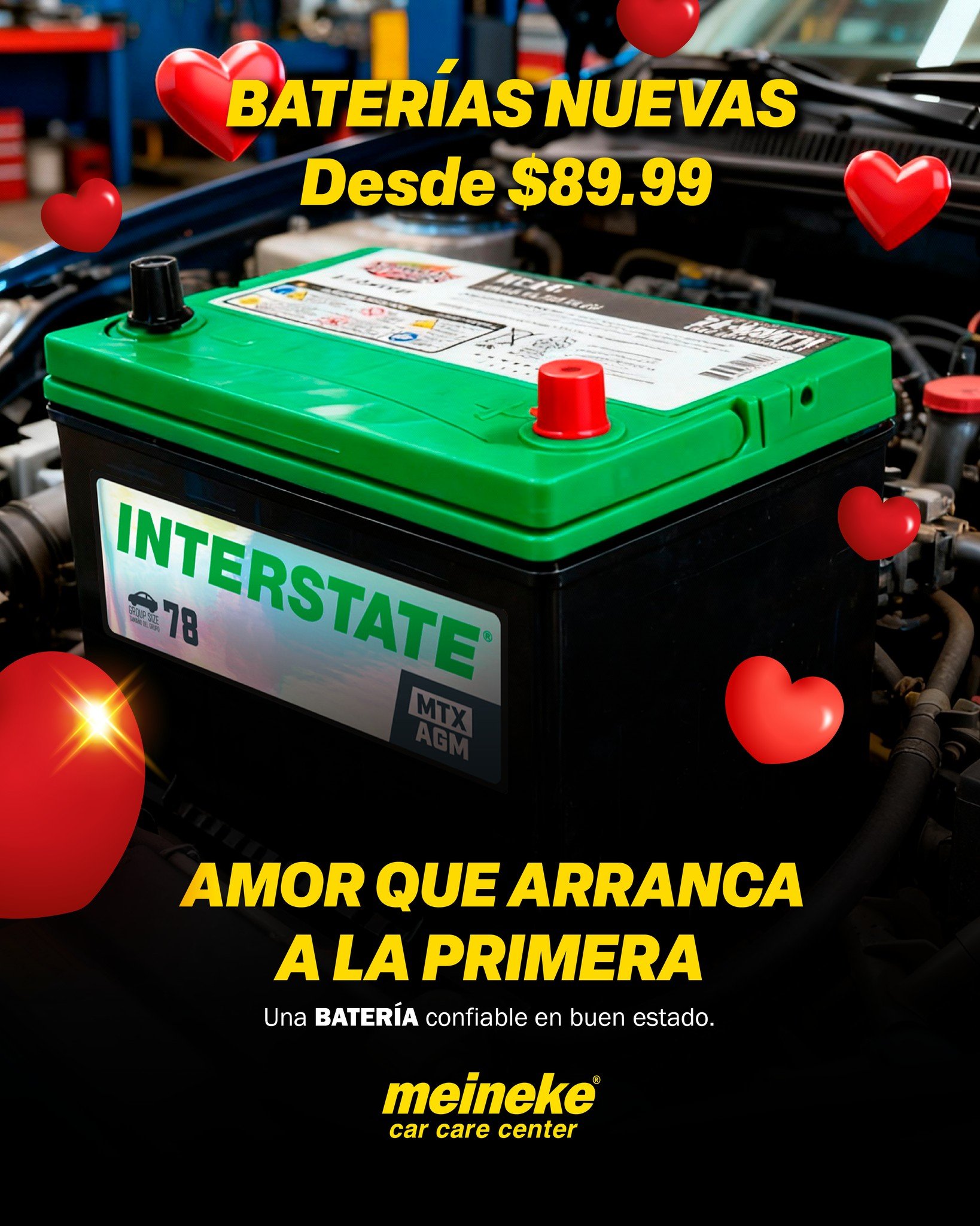 &iexcl;Tu auto merece lo mejor! ❤️⚡️ Contamos con bater&iacute;as Interstate confiables y con garant&iacute;a desde 1 a&ntilde;o en adelante. No te quedes a pie, ven a Meineke y enciende la pasi&oacute;n por el camino. Inspecci&oacute;n de bater&iacu