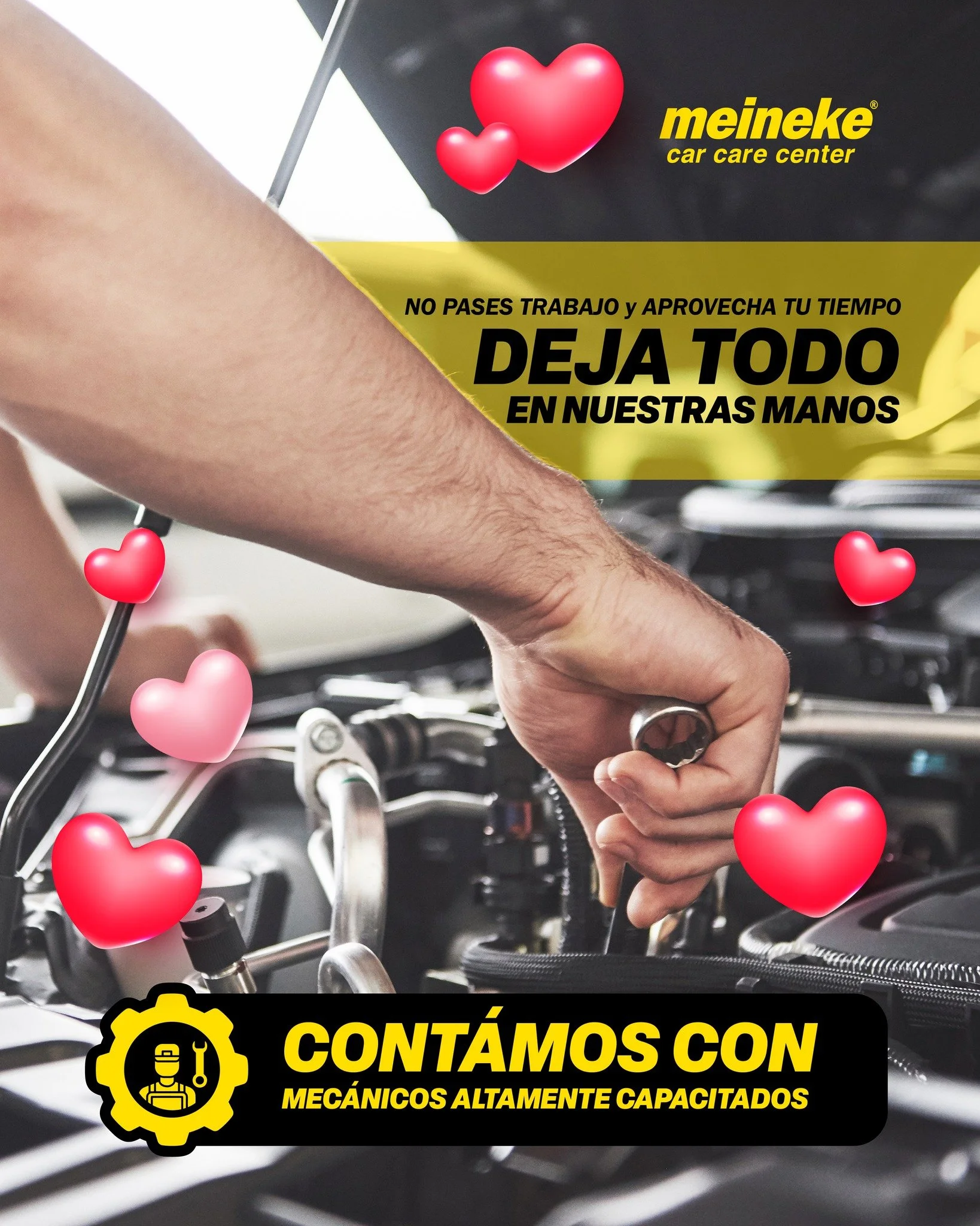 🚗⏱️ NO PASES TRABAJO Y APROVECHA TU TIEMPO ⏱️🚗
D&eacute;jalo en manos expertas.
En Meineke, nos encargamos de todo para que t&uacute; no tengas que pasar trabajo ni perder tiempo.
⭐ &iquest;Por qu&eacute; elegir Meineke?
✔️ Proceso f&aacute;cil y s