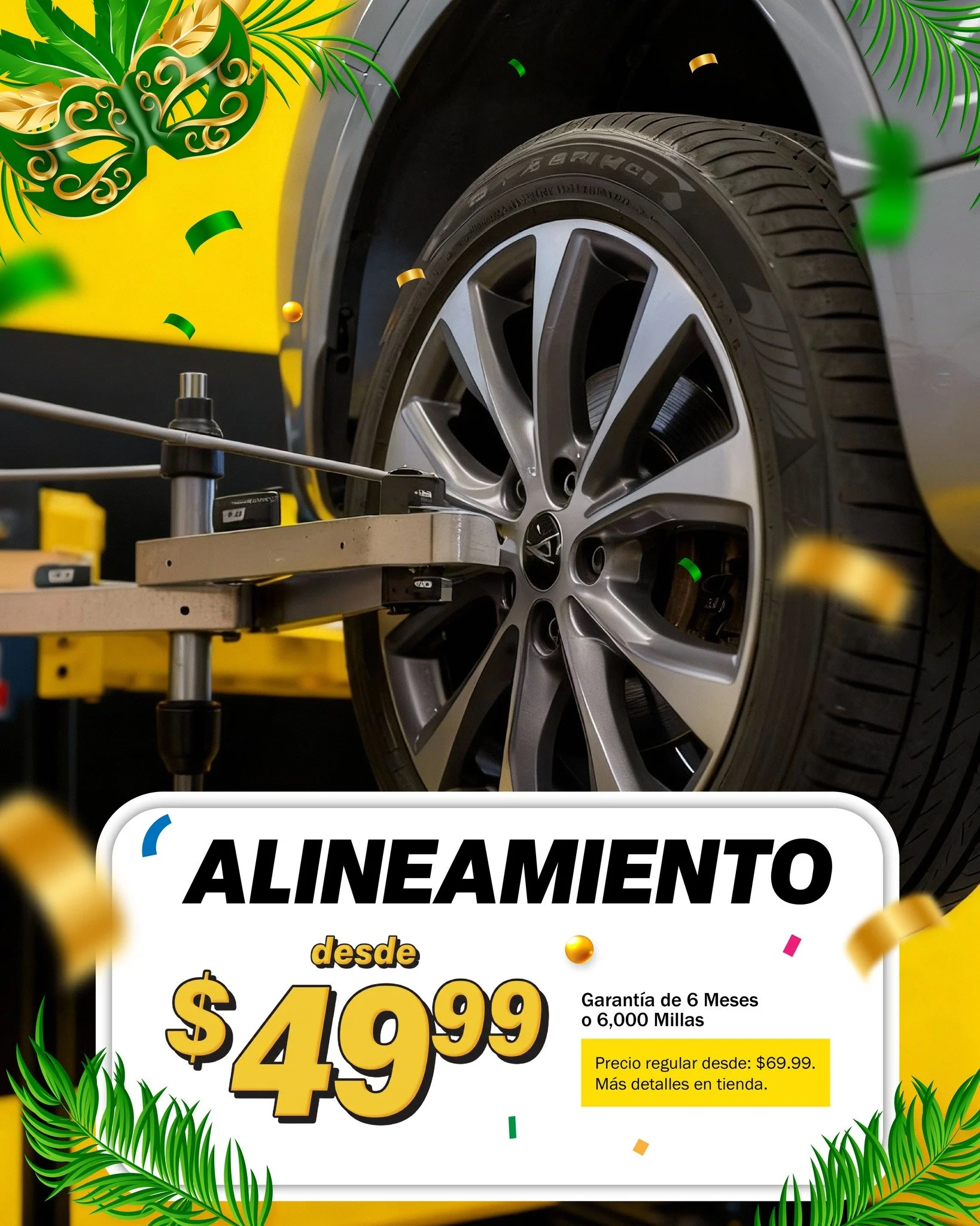 &iexcl;Que el ritmo del Carnaval no te saque de ruta! 💃🕺 Asegura que tu auto baile al son correcto con nuestro servicio de Alineamiento.
🎡 Mant&eacute;n el control y evita el desgaste. 💰 &iexcl;Desde solo $49.99!
&iexcl;No dejes que los hoyos o e