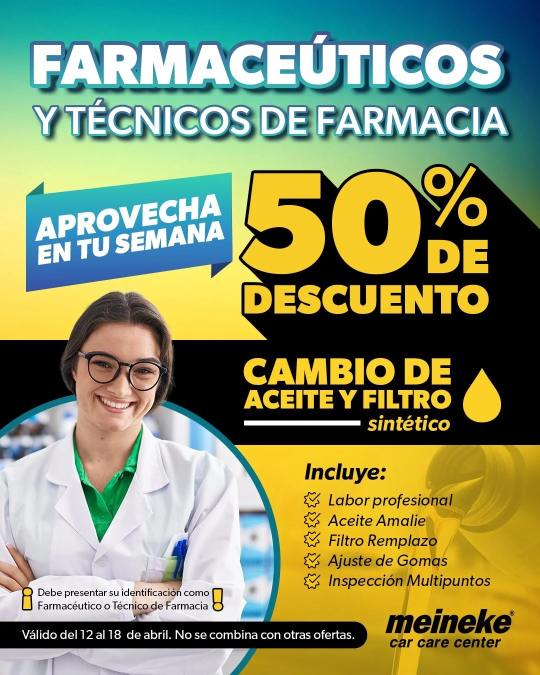 🩺 &iexcl;Atenci&oacute;n Farmac&eacute;uticos y T&eacute;cnicos de Farmacia! 🩺
Cuida tu auto como se merece con un 50% de DESCUENTO en cambio de aceite y filtro. 🚗💨
✅ Incluye: Aceite Amalie, filtro, inspecci&oacute;n multipuntos y ajuste de gomas