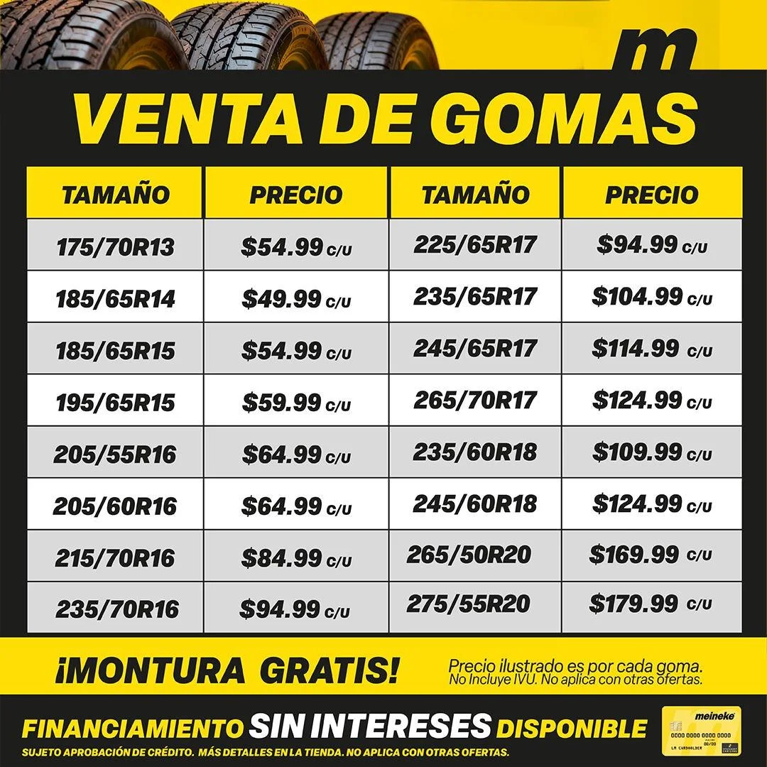 &iexcl;Estrena zapatos nuevos para tu auto! 🚗 Tenemos todos los tama&ntilde;os y precios incre&iacute;bles, adem&aacute;s de montura gratis. 🛠️🔥 &iexcl;Vis&iacute;tanos ya!
#VentaDeGomas #LlantasNuevas #Meineke #Gomas #OfertasAutos
Para informaci&