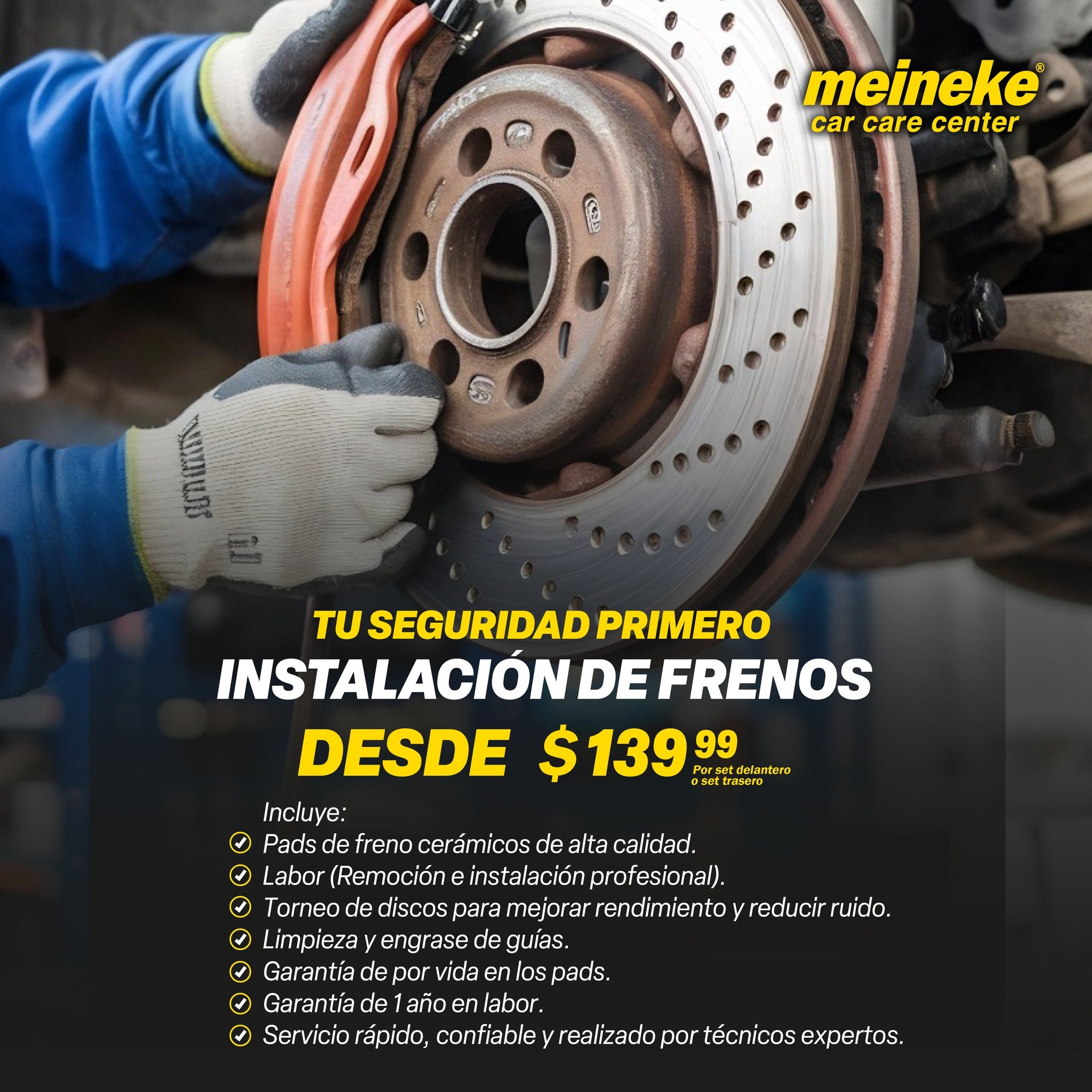 Tu seguridad no puede esperar. 🚗 Realiza tu instalaci&oacute;n de frenos desde $139.99, por set delantero o set trasero, con t&eacute;cnicos expertos.  Garant&iacute;a de por vida en pads y un a&ntilde;o en labor. 🛠️✅
✅ Incluye: Pads cer&aacute;mic