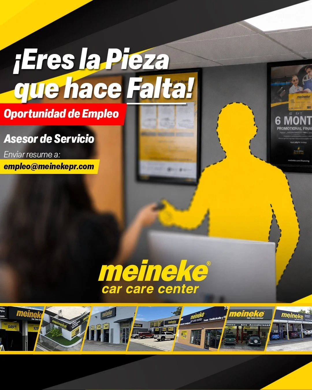Empleo en Bayam&oacute;n. Meineke est&aacute; creciendo y busca contratar a otro asesor(a) de servicio para sus operaciones en expansi&oacute;n en Bayam&oacute;n. 
&bull; Posici&oacute;n: Asesor(a) de Servicio Automotriz 
&bull; $520 semanal o el 8% 