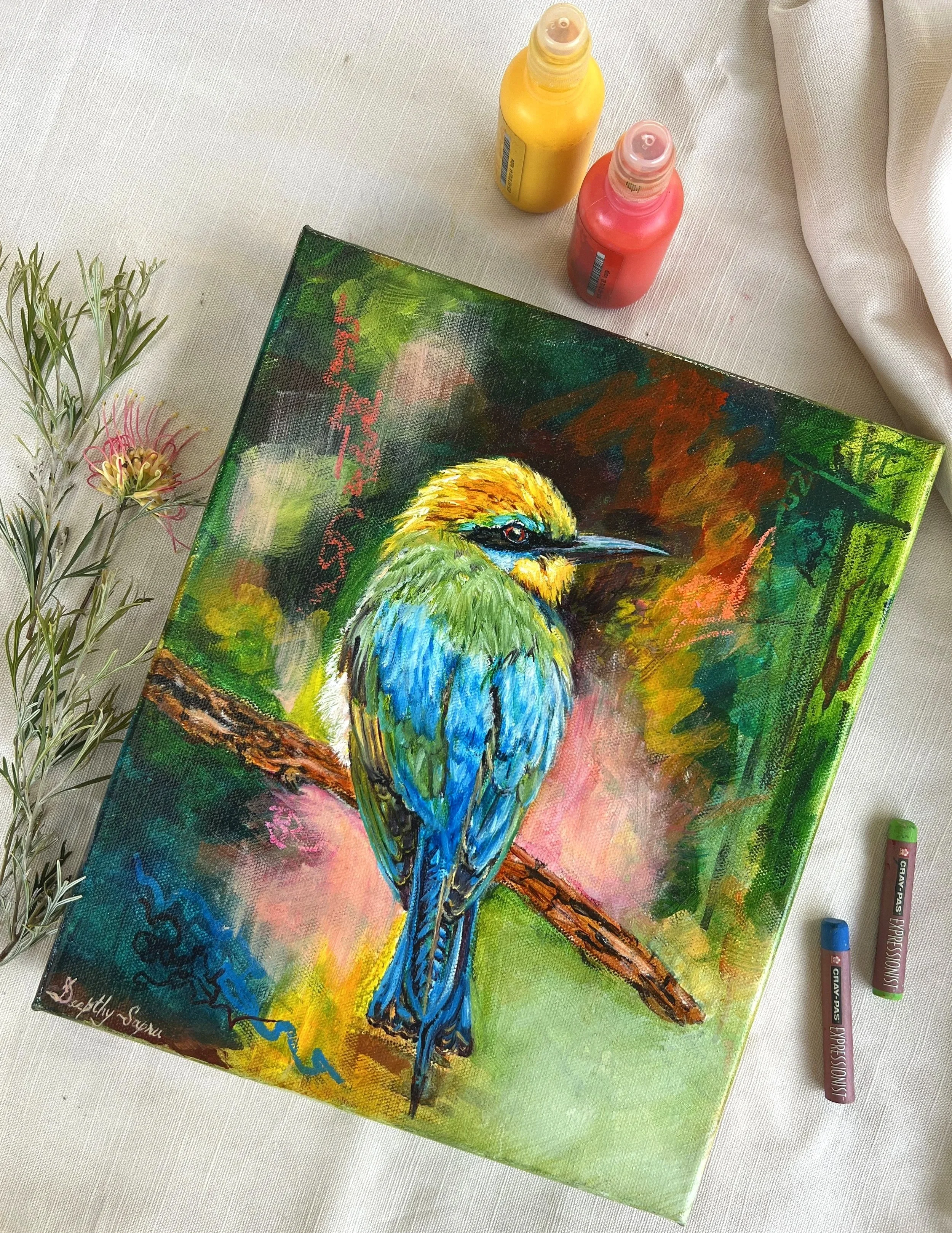 "True Colours" A call to rediscover ones true nature of happiness and joy. 10 by 12 inch  mixed media painting on canvas. 