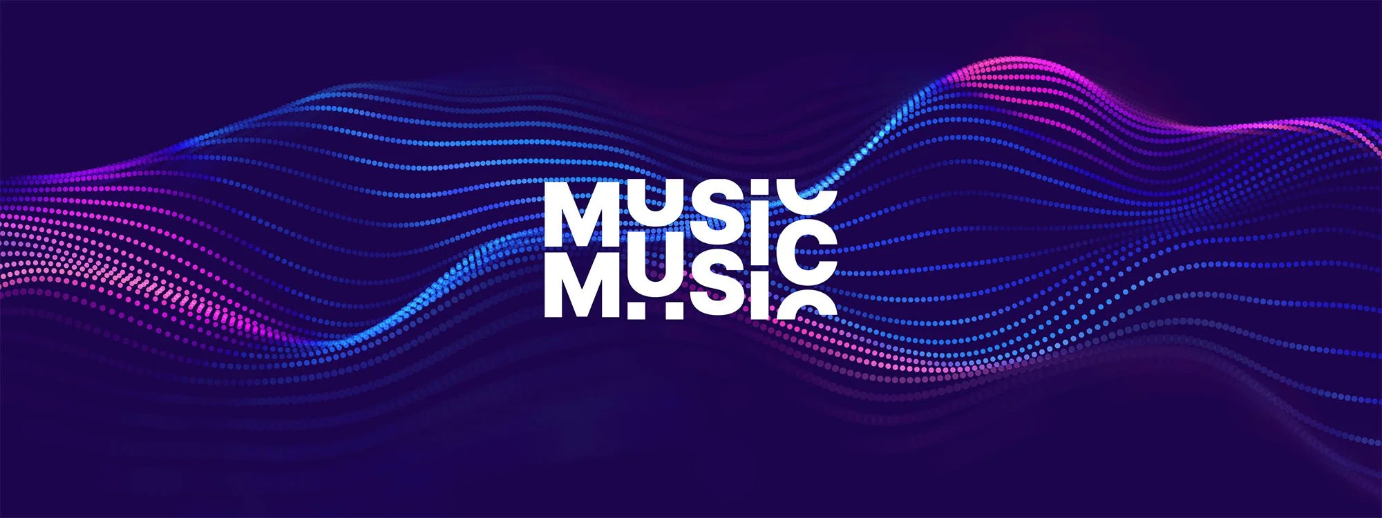 Grafische Darstellung mit Wellen aus farbigen Punkten in Blau, Pink und Lila auf dunklem Hintergrund, mit dem Text 'MUSIC' mehrfach in der Mitte.