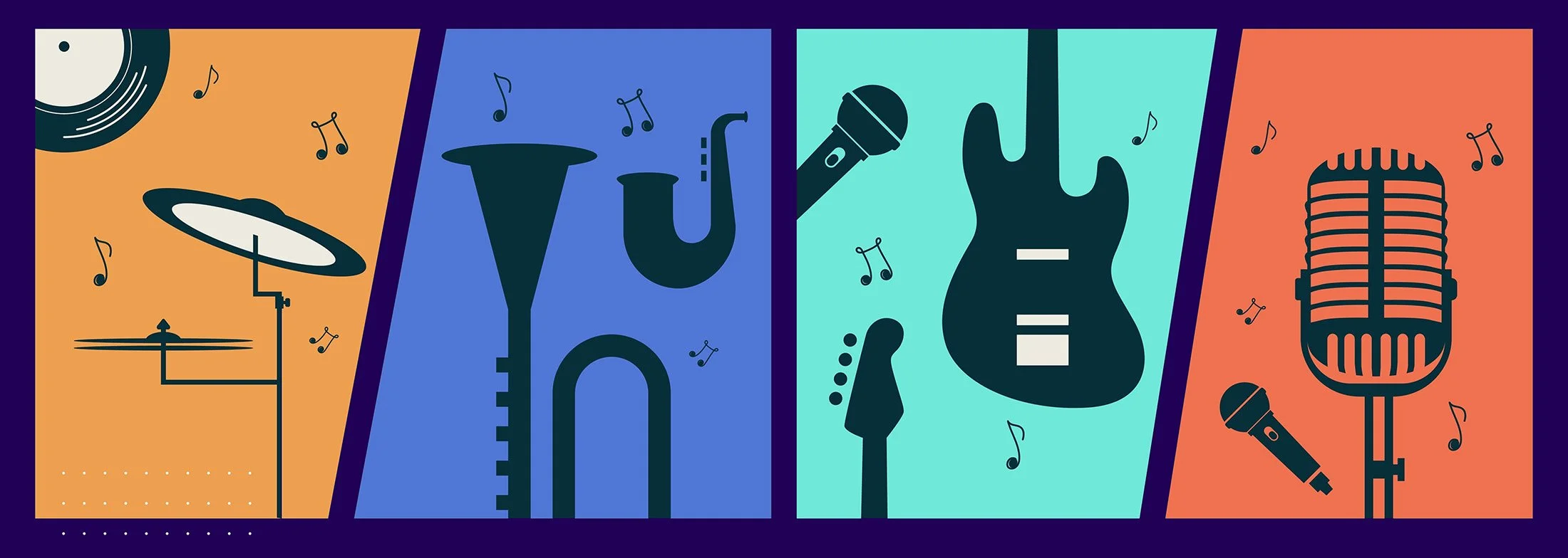Grafische Darstellung verschiedener Musikinstrumente, darunter Schlagzeug, Saxophon, Trompete, Gitarre und Mikrofon, vor bunten Hintergrundfarben