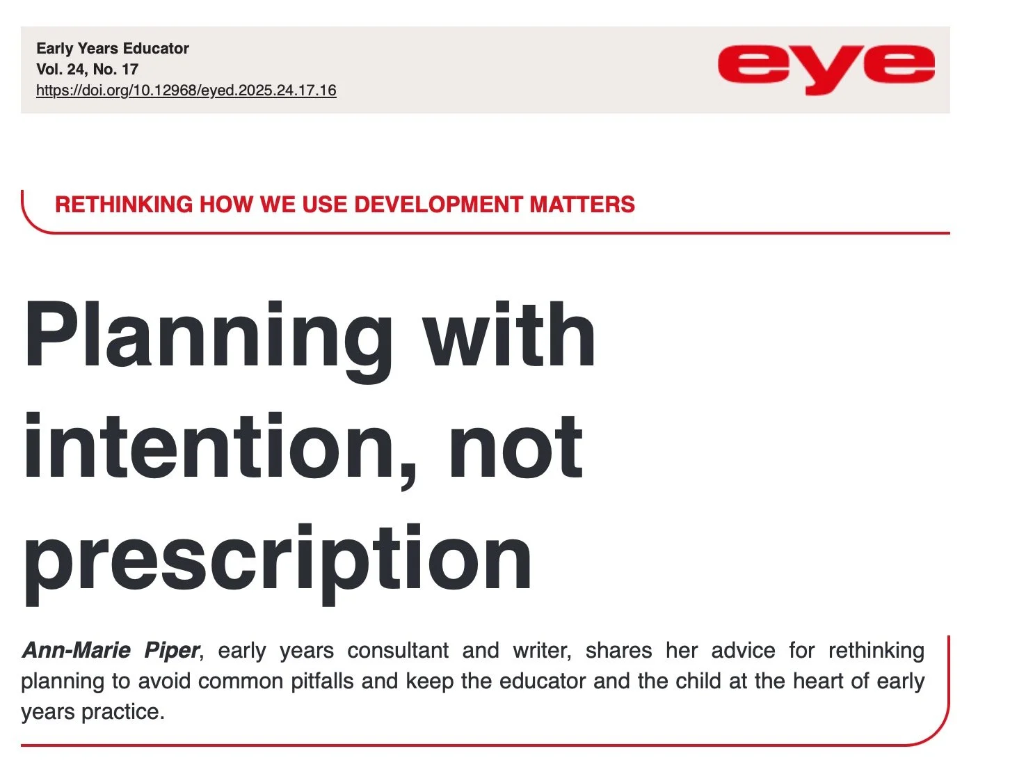 ✨ New article alert! ✨
I&rsquo;ve just published &ldquo;Planning with Intention, Not Prescription&rdquo; in Early Years Educator.
It&rsquo;s all about creating flexible, child-focused planning that supports curiosity and growth &mdash; without gettin