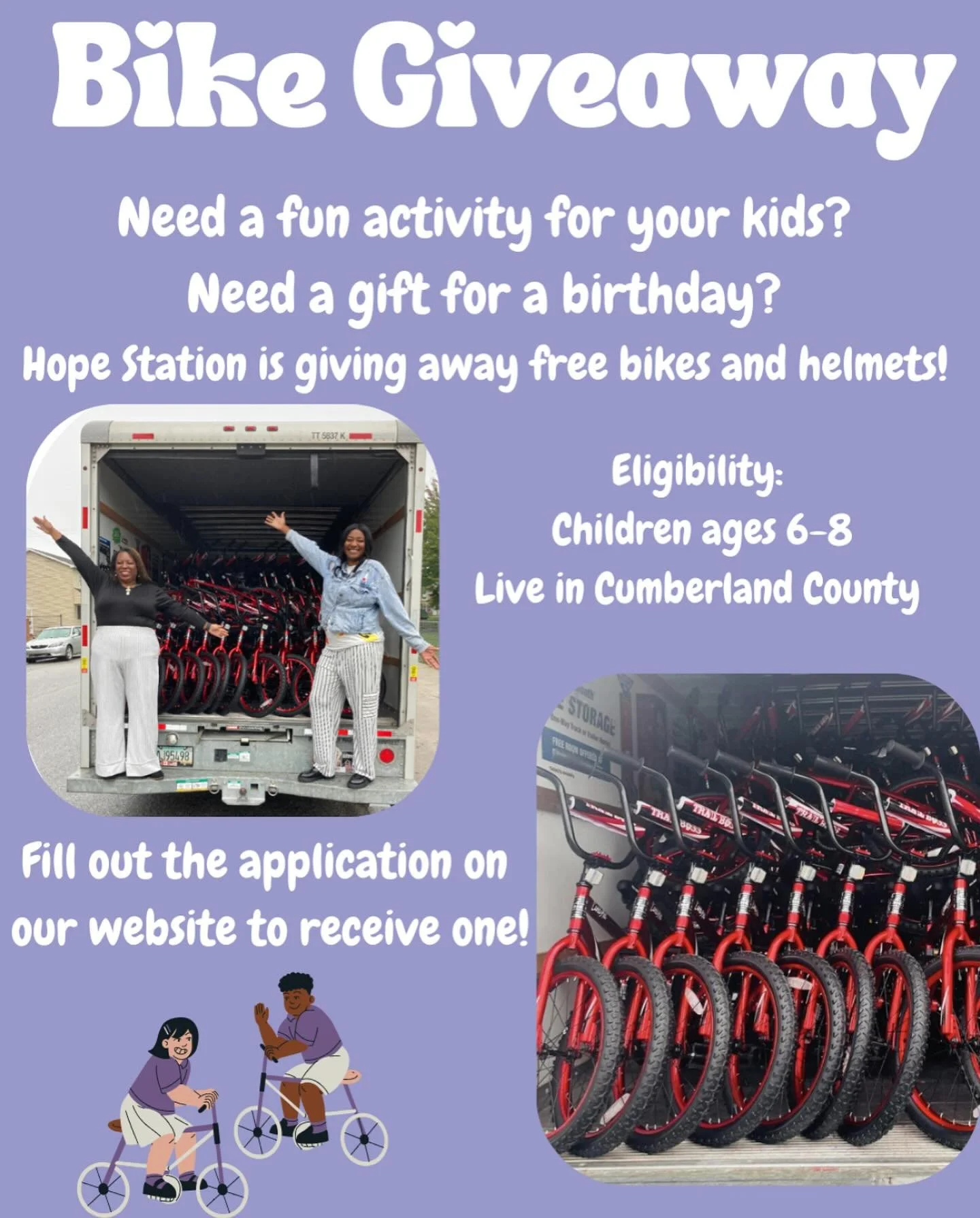 Hope Station is giving away free bikes and helmets. Fill out the application on our website to receive one!