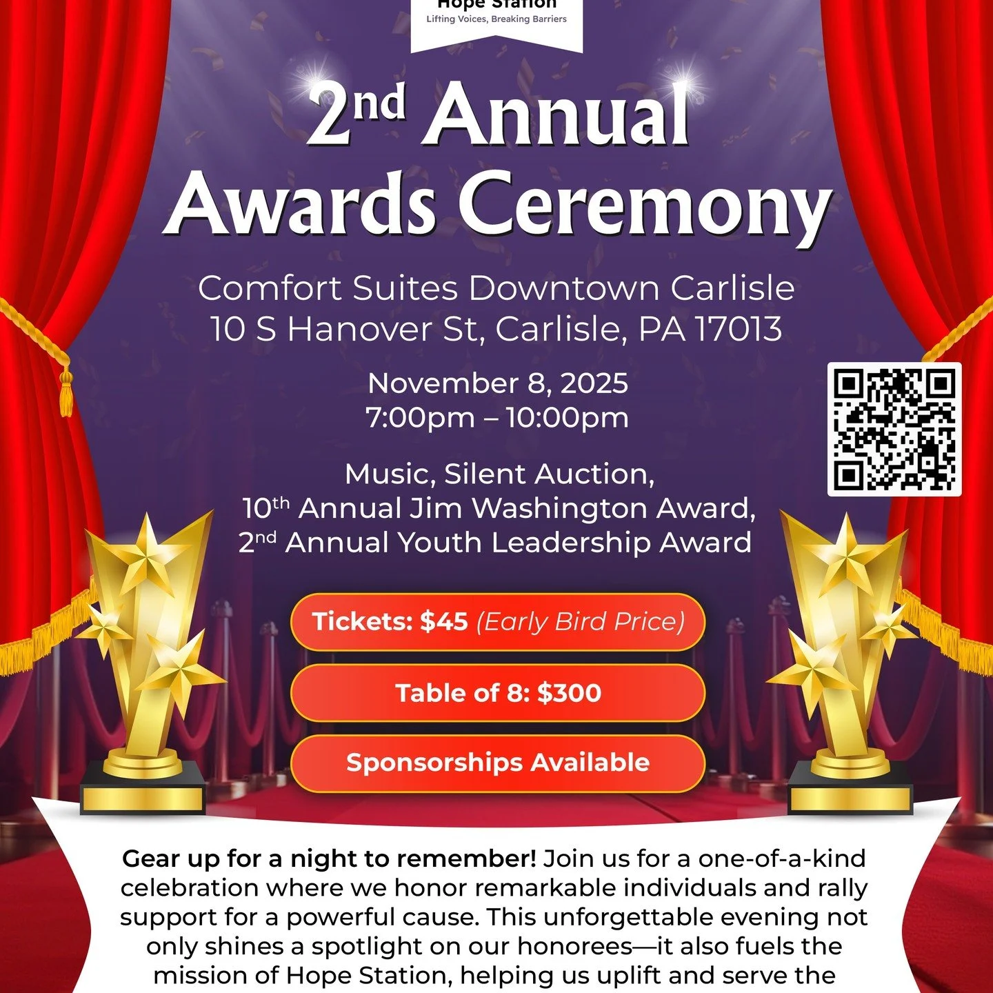 We&rsquo;re thrilled to invite you to Hope Station&rsquo;s 2nd Annual Awards Ceremony &mdash; a red-carpet celebration honoring remarkable individuals who are making a difference in our community! 🌟

🎟️ You can purchase tickets or become a sponsor 