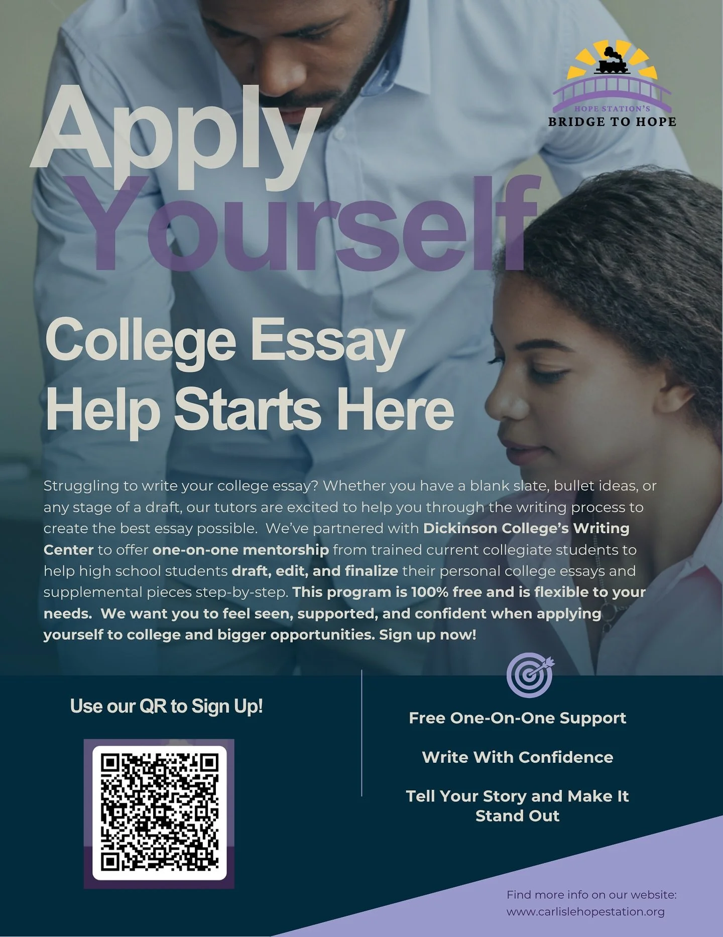 We are so proud to announce that we have partnered with Dickinson College’s Writing Center to offer free college/supplemental essay help for high school juniors and seniors of color. We want each student to feel seen, supported and confident wh