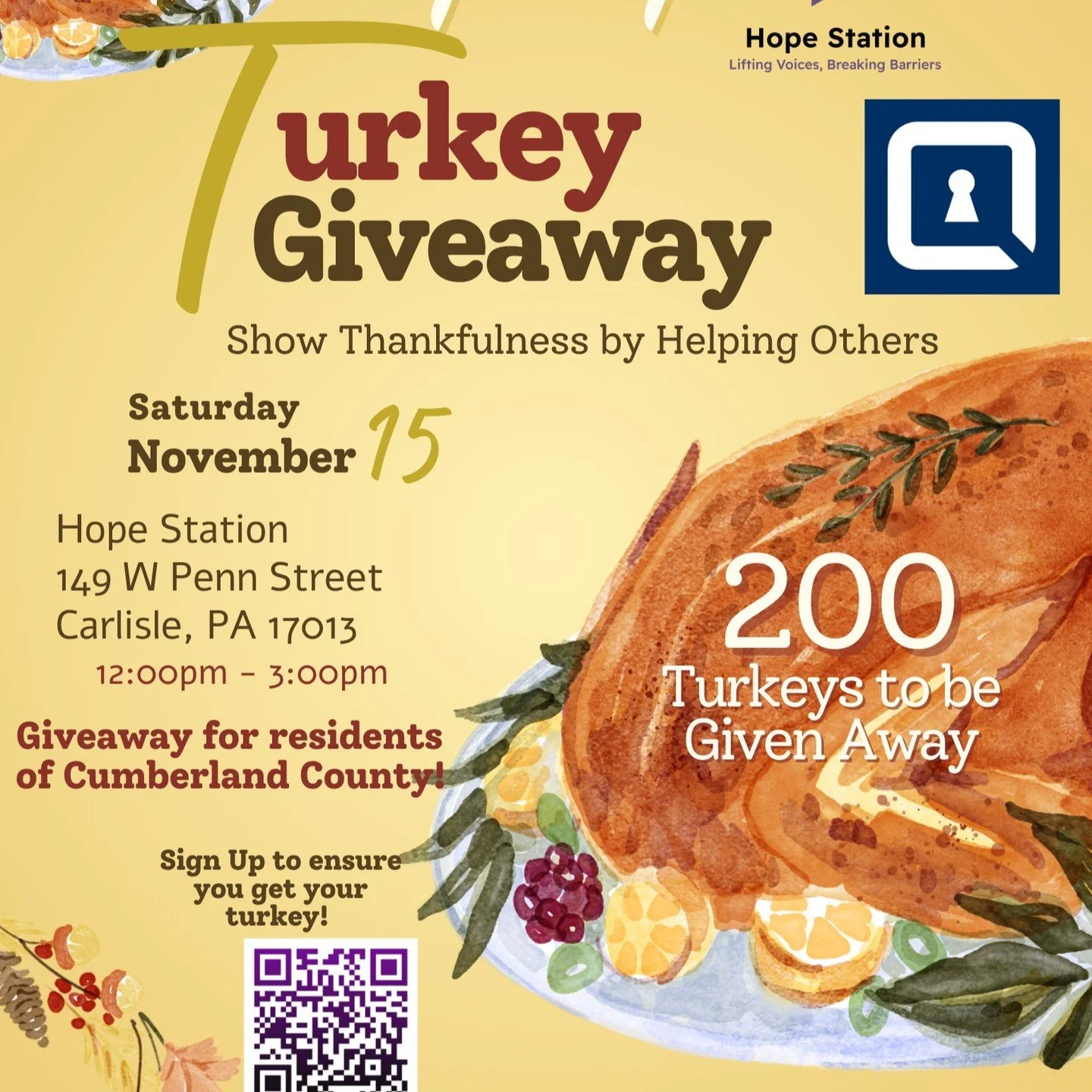 This Thanksgiving, Hope Station is partnering up with Tomorrow's Neighbors and giving away 200 turkeys to spread hope and love! 
Sign up today at: https://forms.gle/GfQRb7uZbjFiftsq6