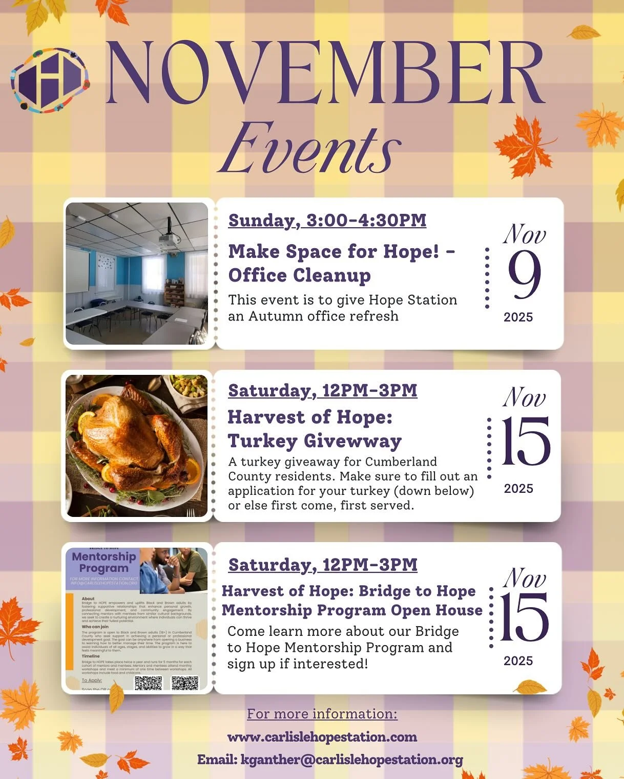 November’s all about Hope and giving back! ๐งก
๐งนโจ Make Space for Hope!
Join us on November 9th (3:30–4:30 PM) at Hope Station (149 W Penn St, Carlisle) as we come together to clean, organize, and refresh our space for the season ahead! Y