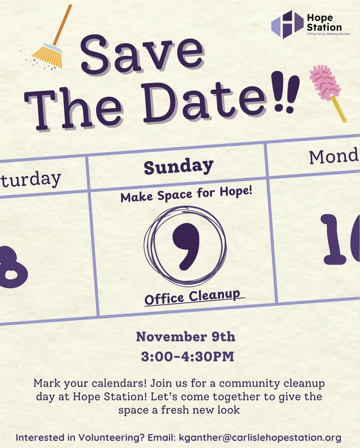 Join us for an Office Cleanup at Hope Station on Sunday, November 9th from 3:00-4:30 PM. 

We&rsquo;re coming together to freshen up our space, build community, and make room for even more impact! 

Volunteers needed! 
📍 Hope Station (149 W Penn St,