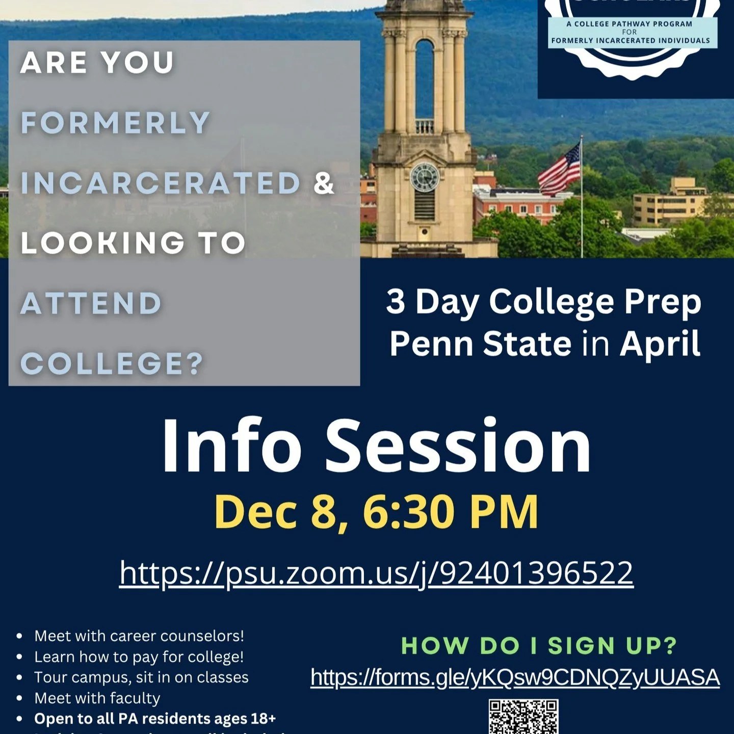 Everyone deserves a second chance &mdash; and a shot at higher education. 💙 Penn State&rsquo;s Rising Scholars Program helps formerly incarcerated adults prepare for college with a 3-day College Prep experience this April (travel and lodging include