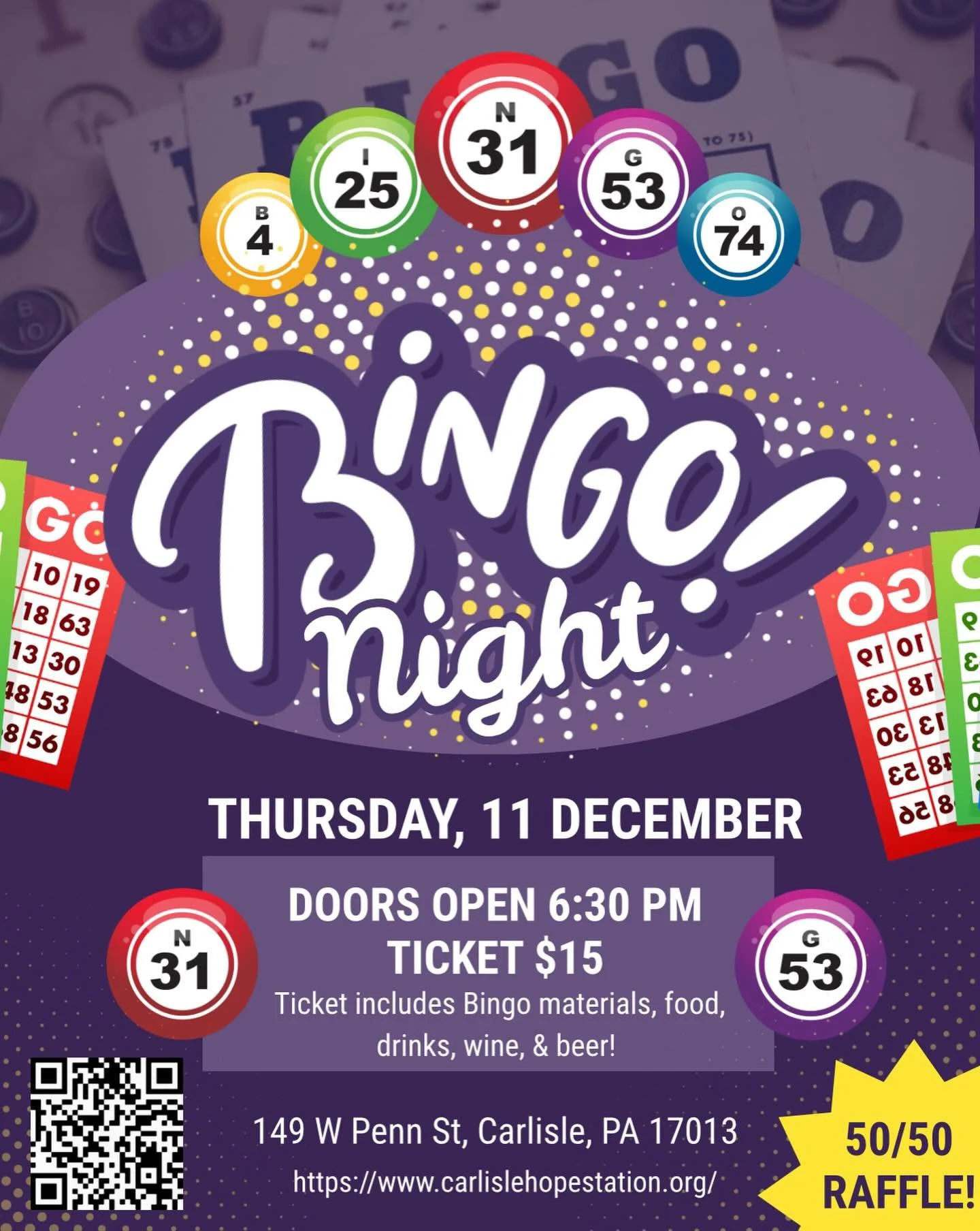 🌟Bingo Night at Hope Station🌟 
Join us on December 11th at 6:30PM for a fun-filled evening!

🎟️Tickets: $15 - Includes bingo materials, food, wine, beer 
💰50/50 Raffle: Your chance to win big!! 
📍149 W Penn St, Carlisle, PA 17013

All are Welcom