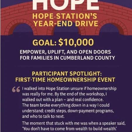 It begins! Today we launch Hope Station&rsquo;s Year-End Drive! Our purpose is to empower, uplift, and open doors for families in Cumberland County. And for every gift, we&rsquo;ll place your name on a brick in our Bridge to Hope mural.

🧱 Be the fi