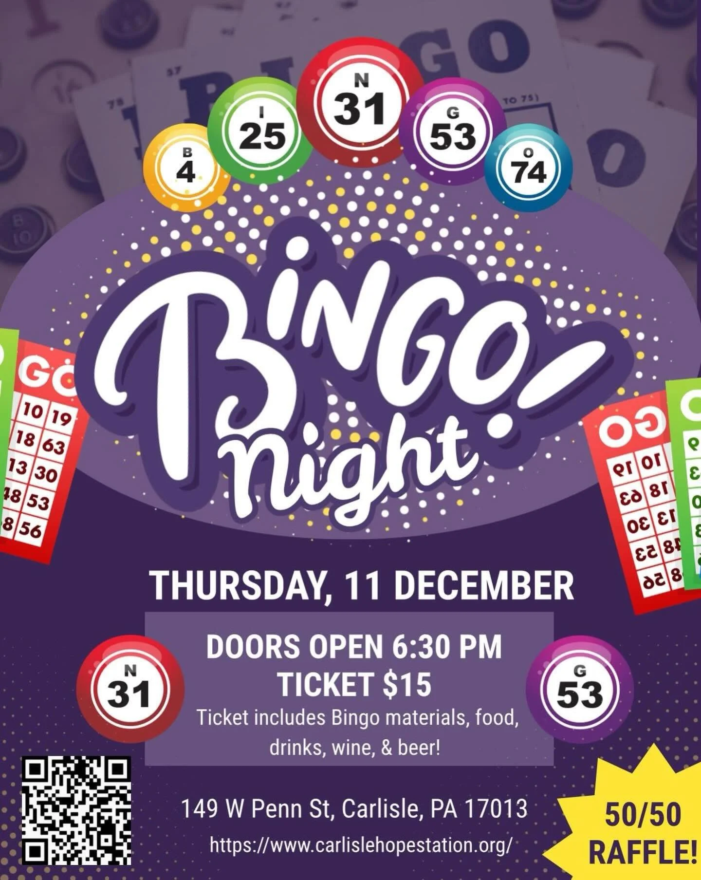 Join us tonight! Pre-purchase your ticket(s) at 
https://givebutter.com/Hopestationbingo